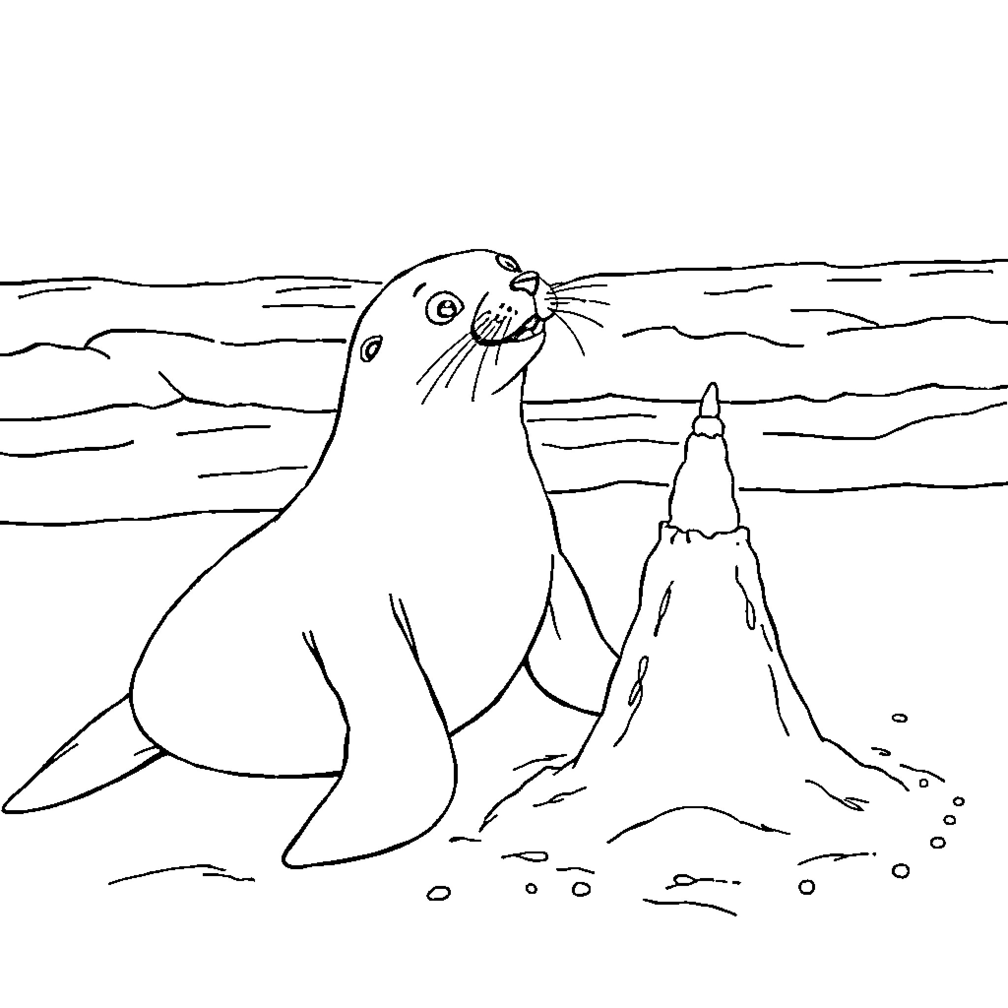 Lion resting on the beach Coloring Page (free black-and-white line drawing printable PDF for all, from beginners to advanced learners, including children, teens, adults, and seniors)