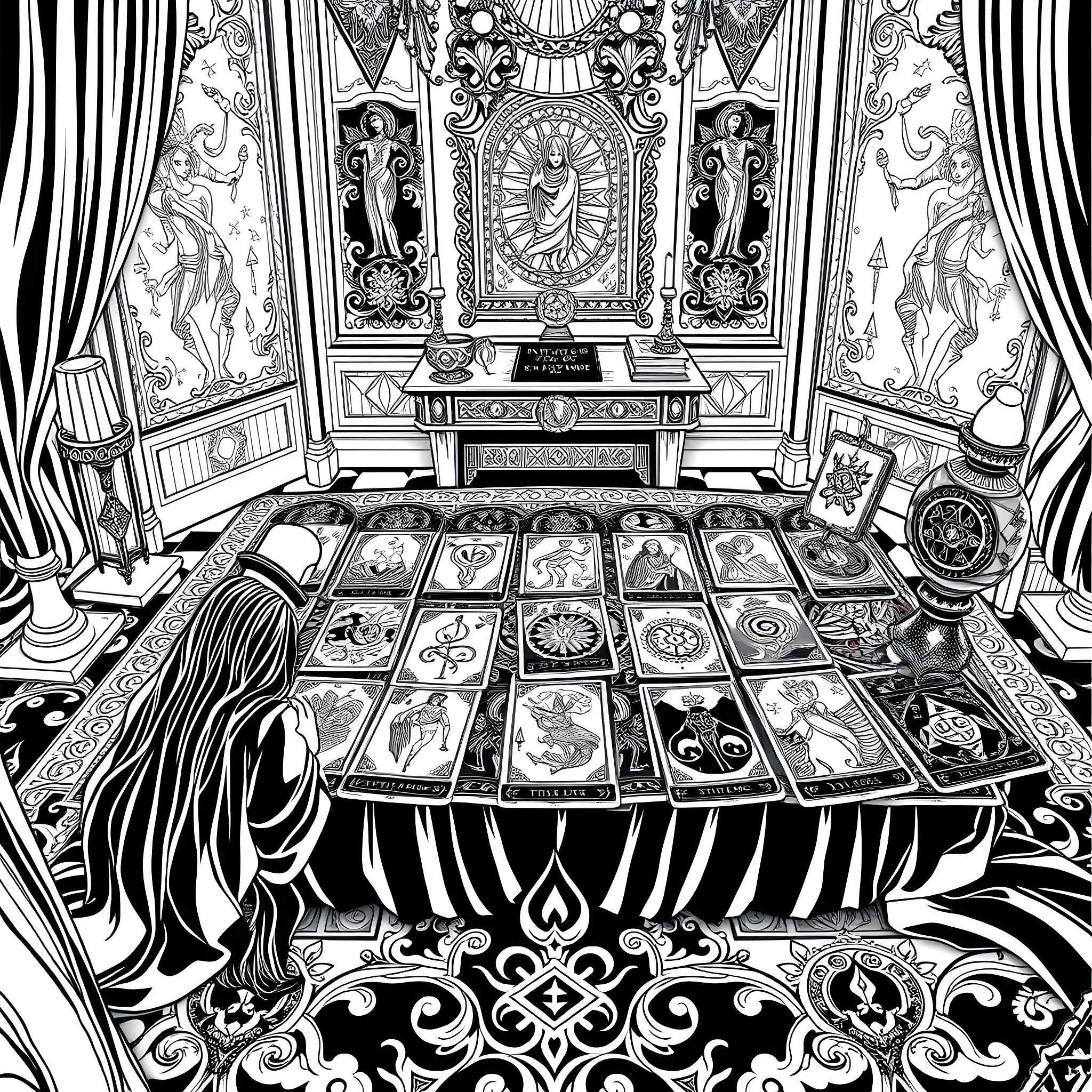 Tarot Card Table with Mystical Symbols and Figures Coloring Page (free black-and-white line drawing printable PDF for all, from beginners to advanced learners, including children, teens, adults, and seniors)