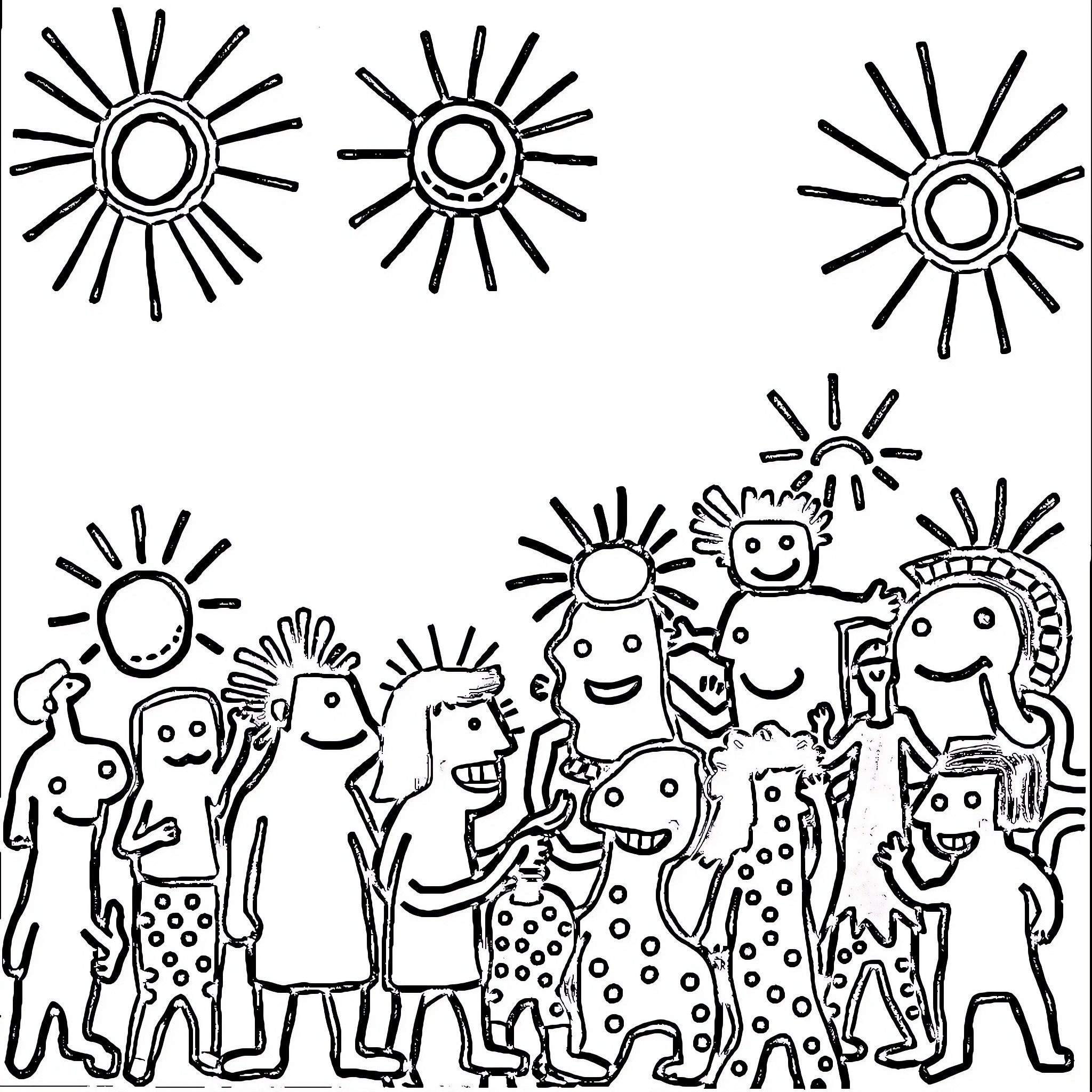 Keith Haring's vibrant figures in playful scene Coloring Page (free black-and-white line drawing printable PDF for all, from beginners to advanced learners, including children, teens, adults, and seniors)