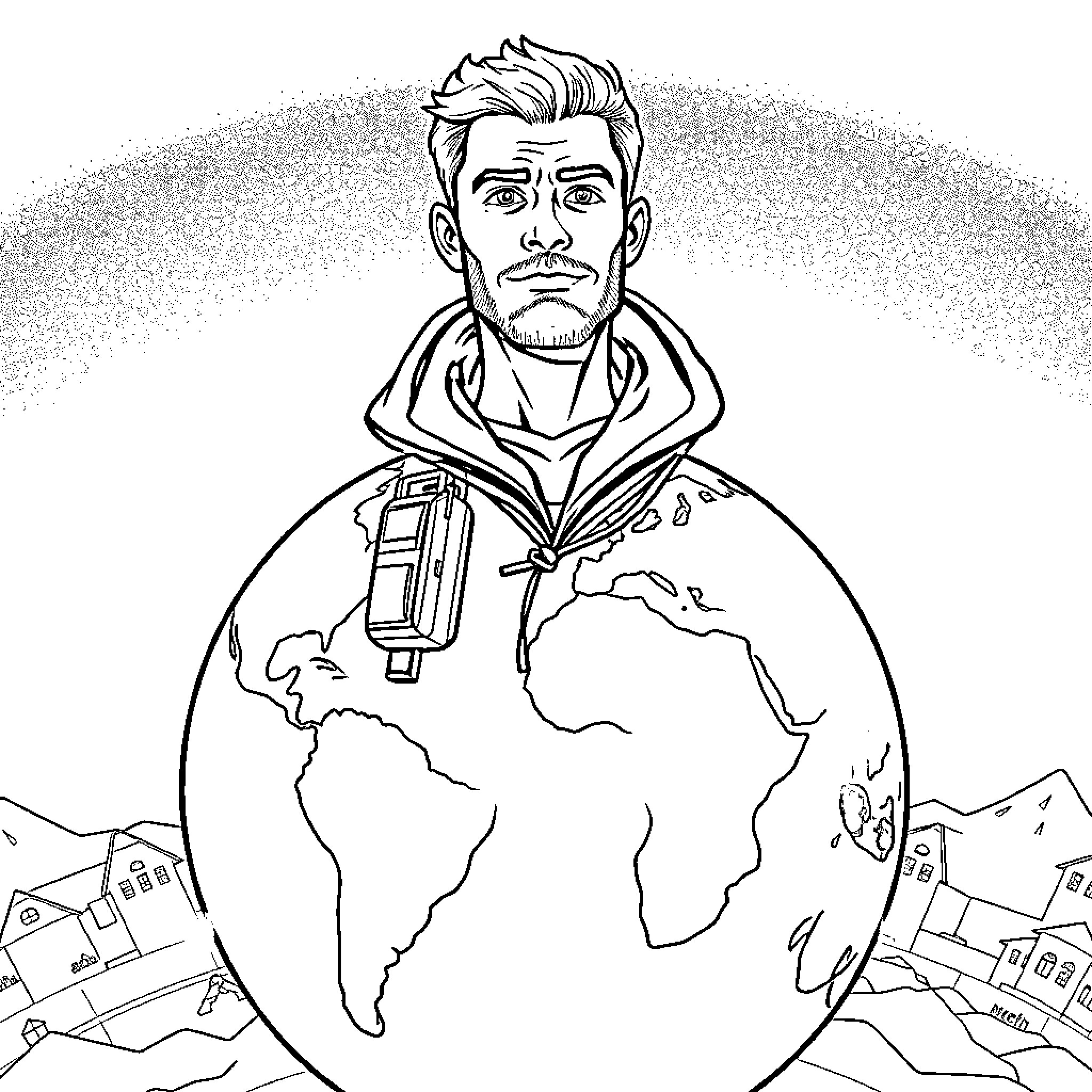 Traveler exploring the world on a journey Coloring Page (free black-and-white line drawing printable PDF for all, from beginners to advanced learners, including children, teens, adults, and seniors)