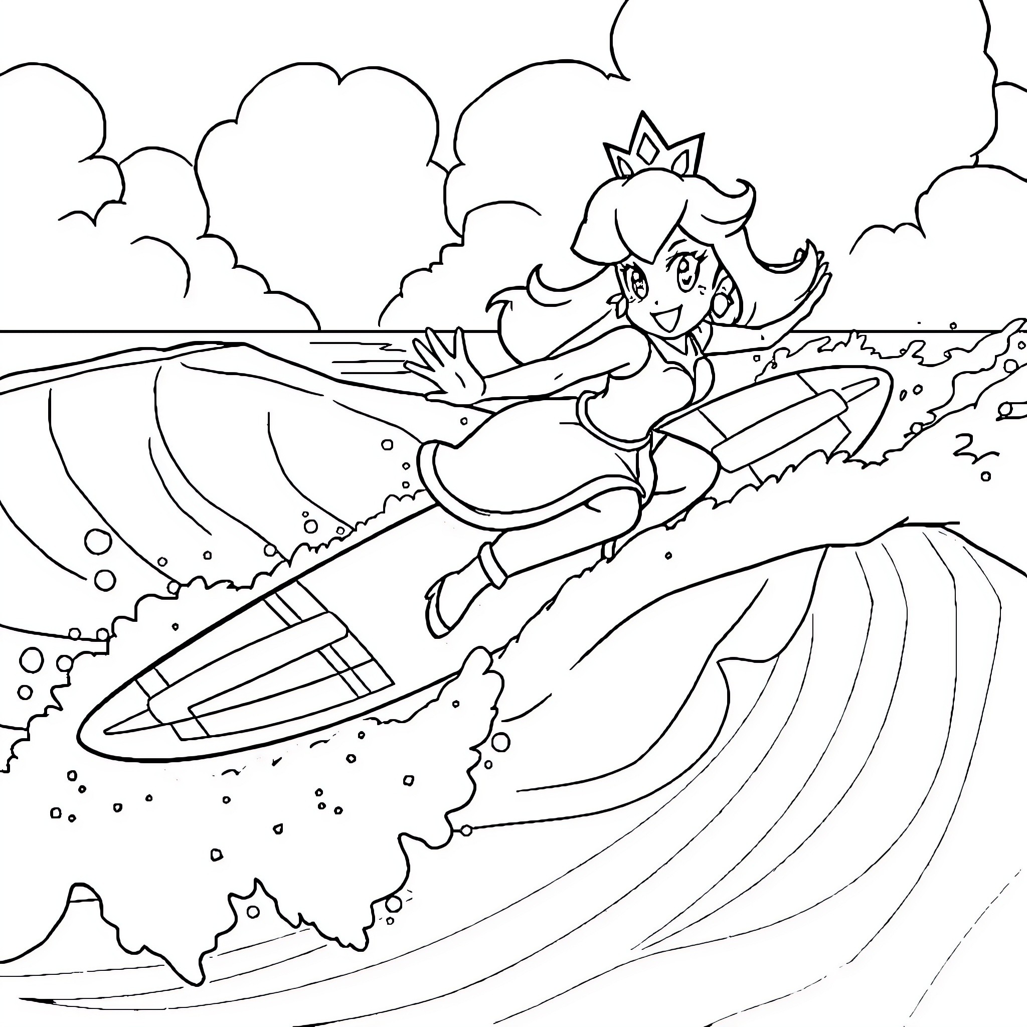 Princess surfing the waves with joy Coloring Page (free black-and-white line drawing printable PDF for all, from beginners to advanced learners, including children, teens, adults, and seniors)