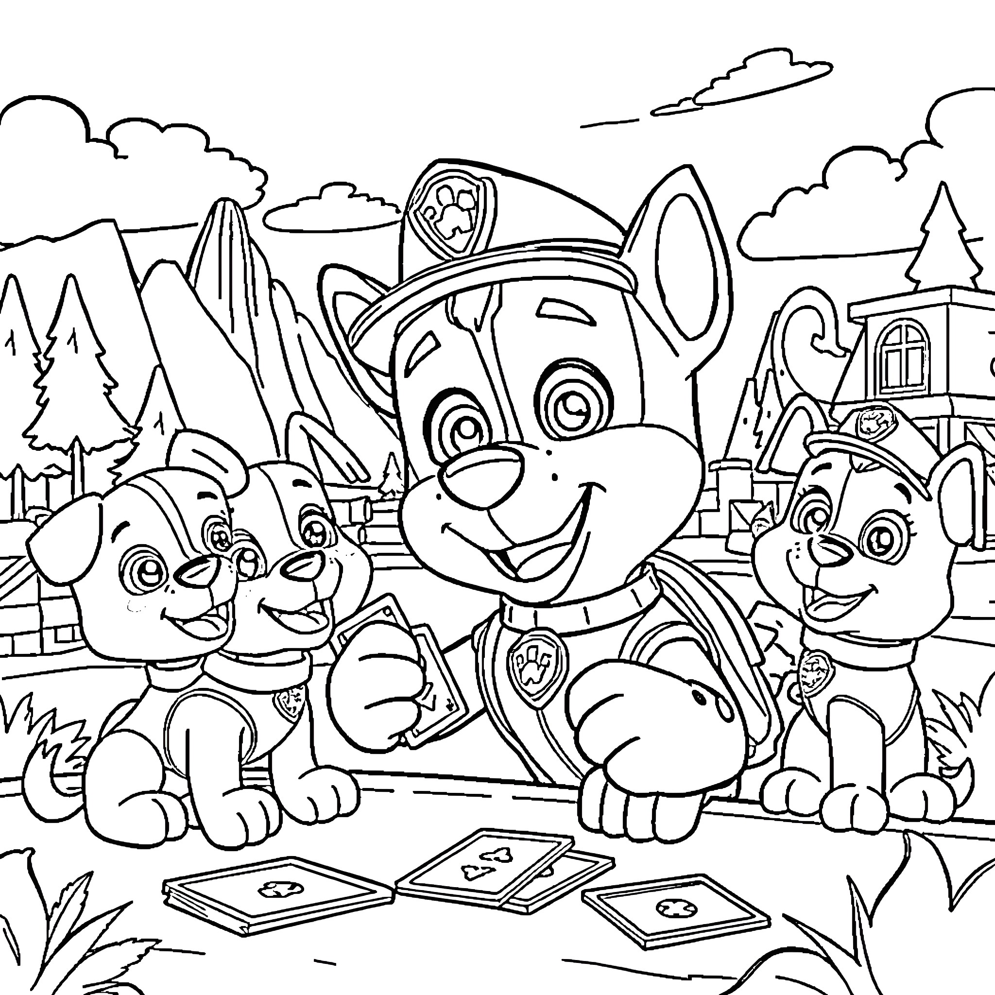 Marshall and Friends on Paw Patrol Adventure Coloring Page (free black-and-white line drawing printable PDF for all, from beginners to advanced learners, including children, teens, adults, and seniors)