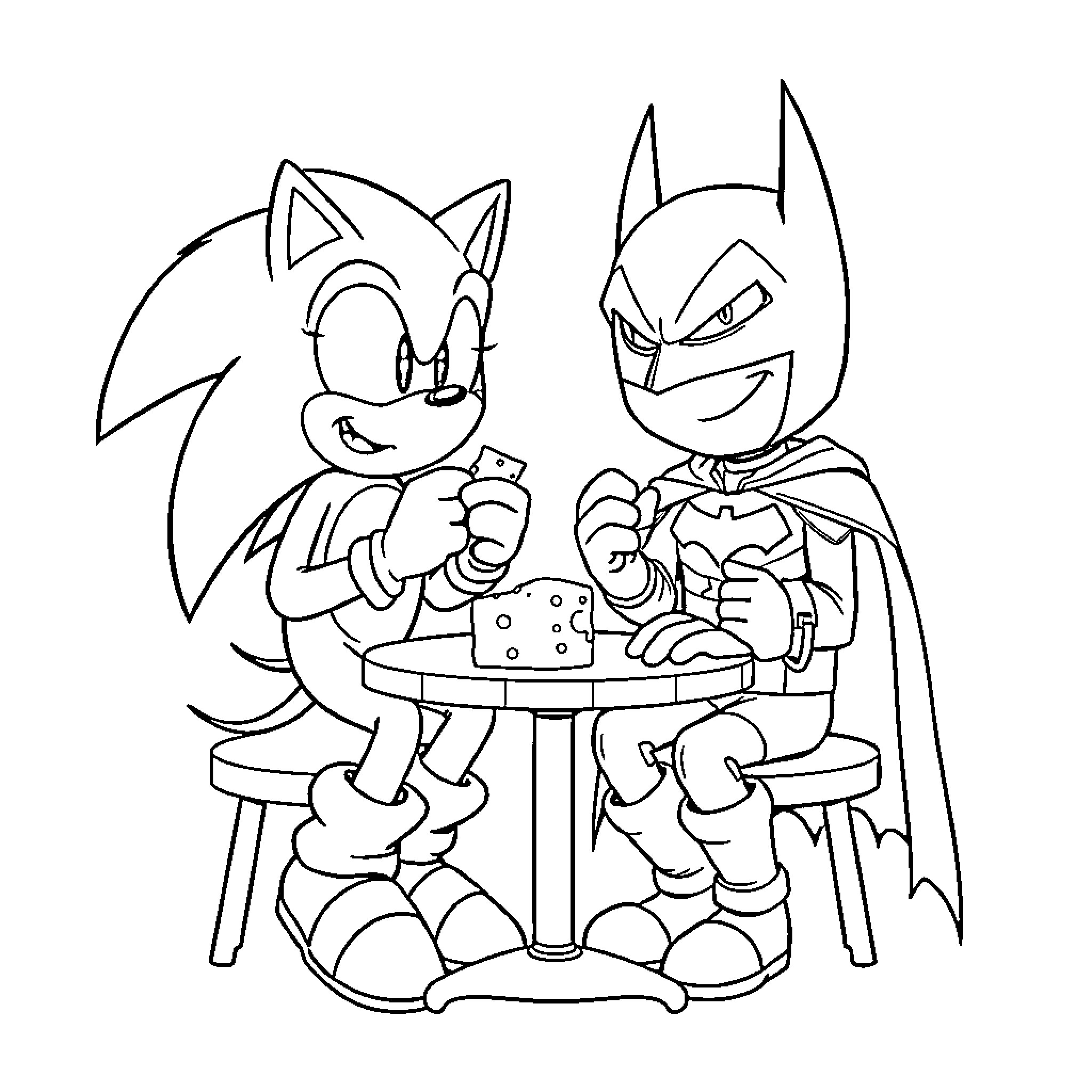 Sonic and Batman Enjoying Snacks Together Coloring Page (free black-and-white line drawing printable PDF for all, from beginners to advanced learners, including children, teens, adults, and seniors)