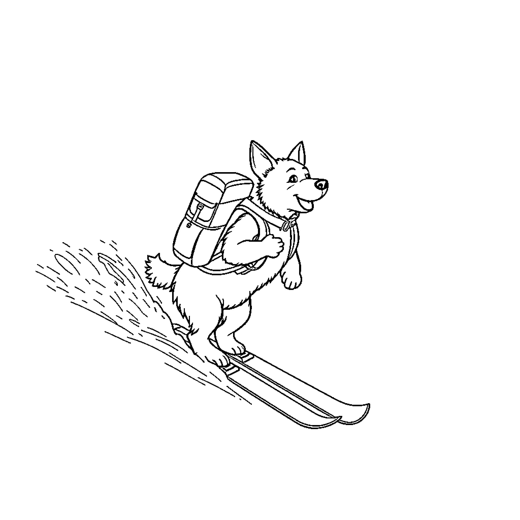 Dog Skiing Downhill with Backpack Coloring Page (free black-and-white line drawing printable PDF for all, from beginners to advanced learners, including children, teens, adults, and seniors)