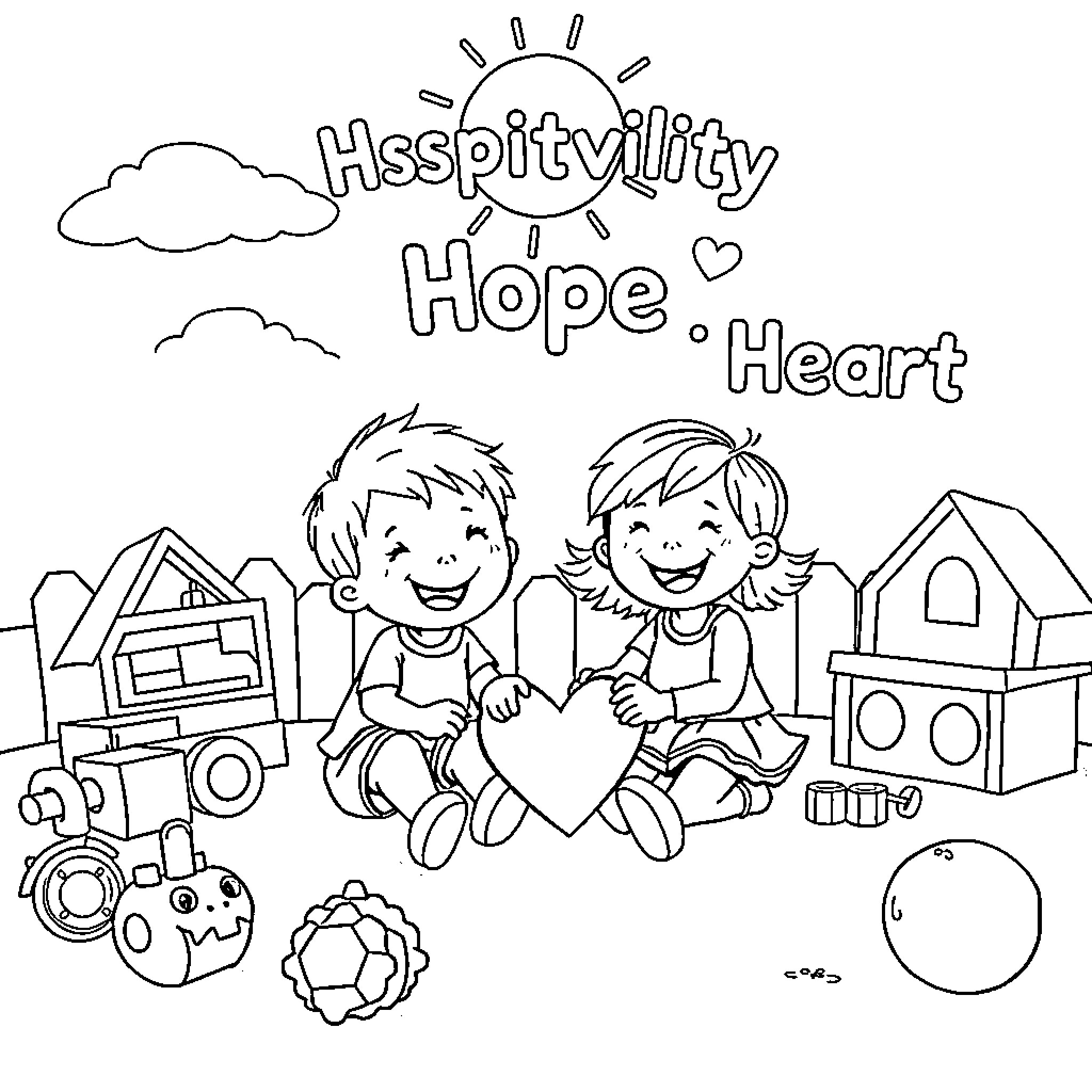 Children sharing a happy heart in the neighborhood Coloring Page (free black-and-white line drawing printable PDF for all, from beginners to advanced learners, including children, teens, adults, and seniors)
