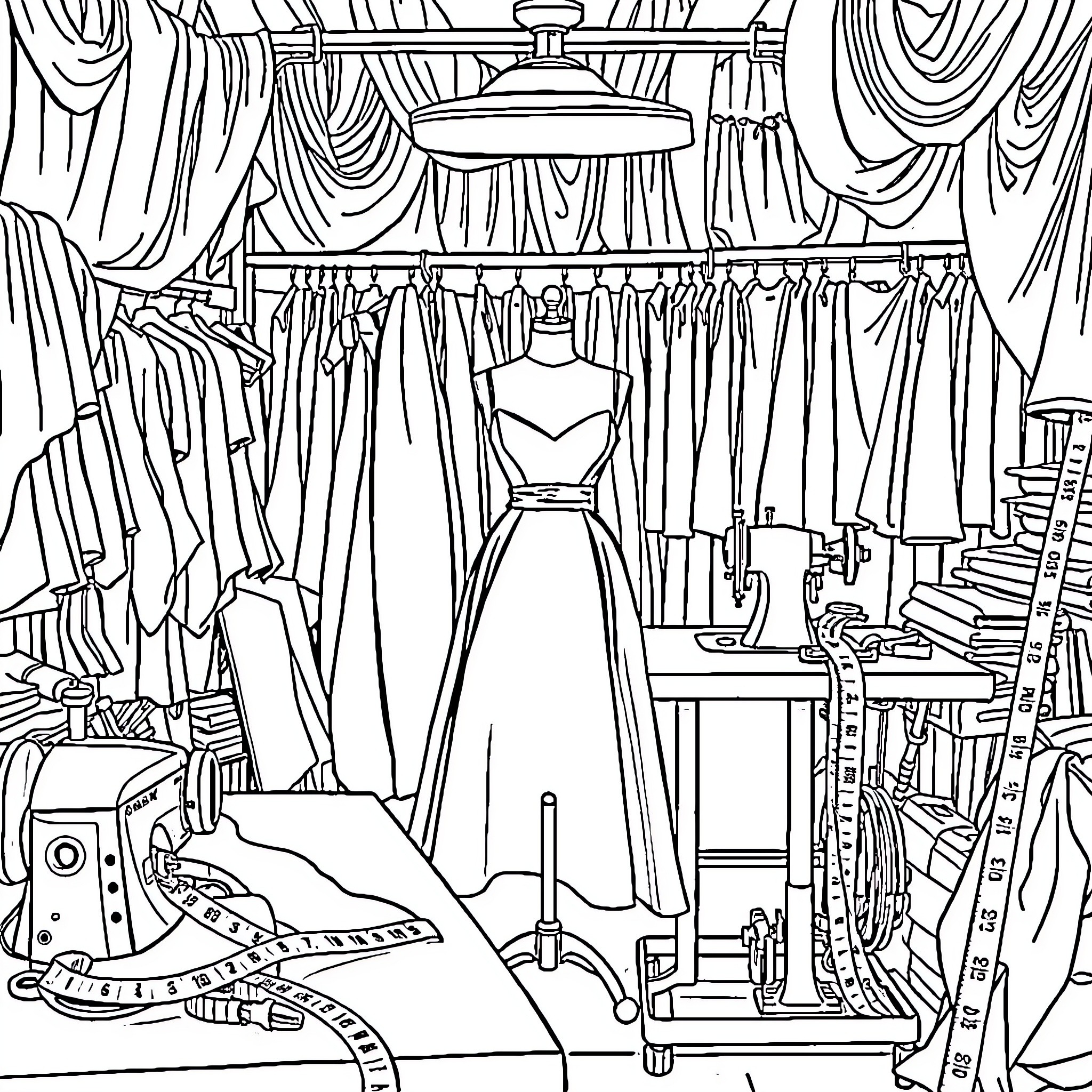 Sewing studio with various tools and garments Coloring Page (free black-and-white line drawing printable PDF for all, from beginners to advanced learners, including children, teens, adults, and seniors)