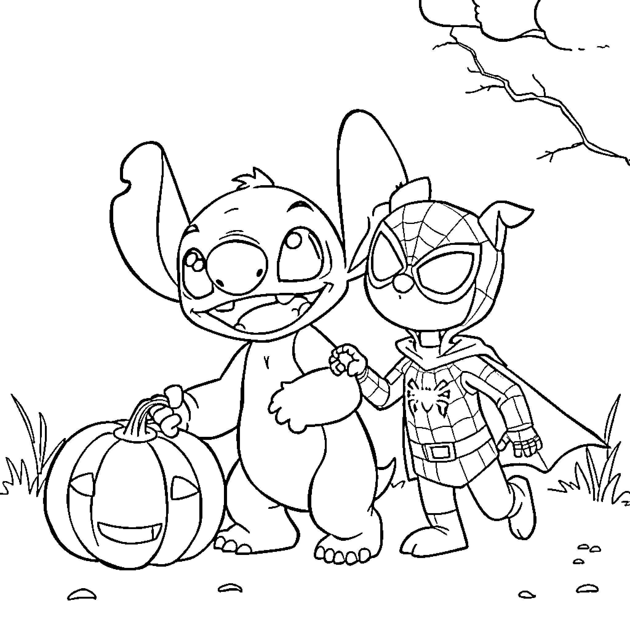 Stitch and Spider-Man Explore the Spooky Forest Coloring Page (free black-and-white line drawing printable PDF for all, from beginners to advanced learners, including children, teens, adults, and seniors)