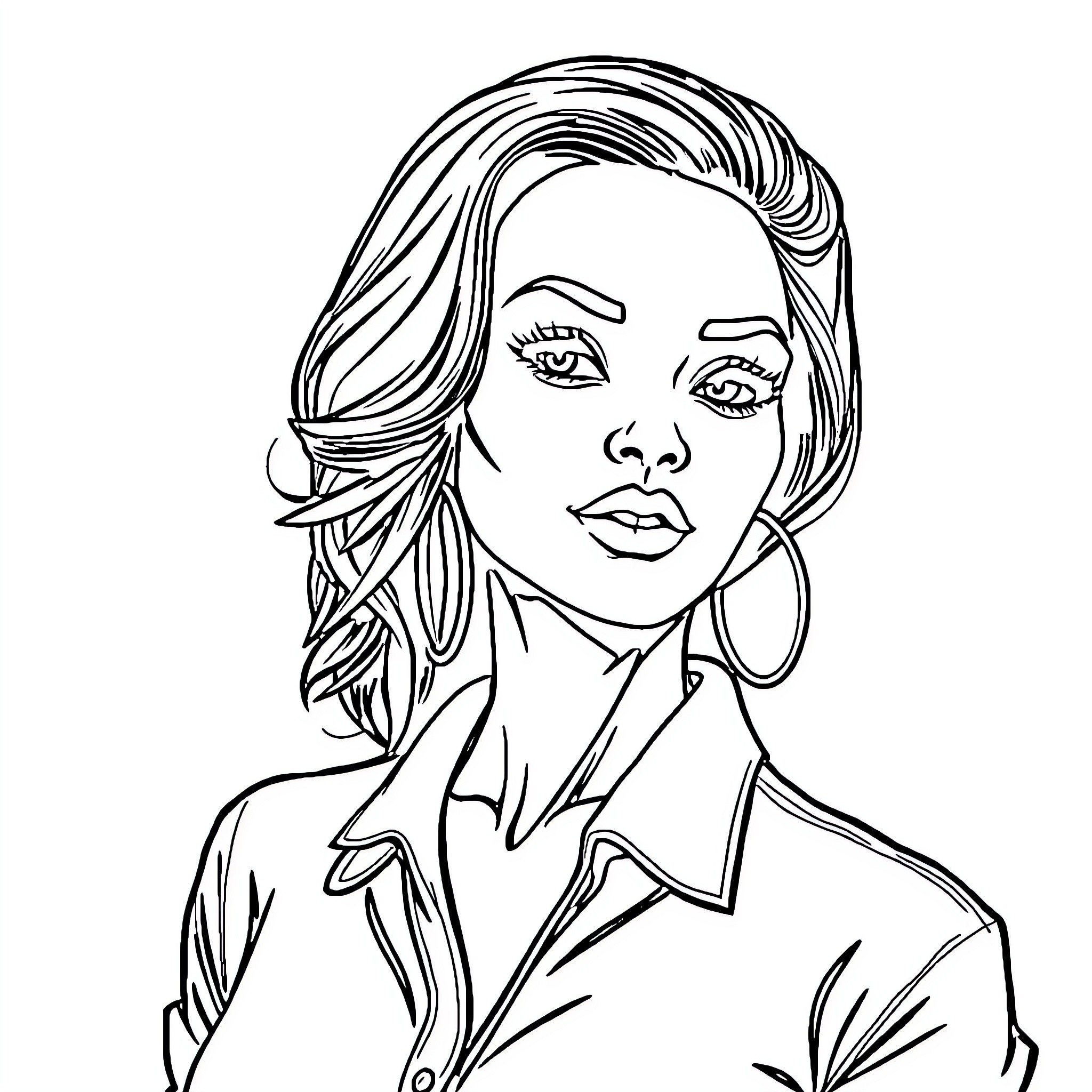 Woman with serious expression and curly hair Coloring Page (free black-and-white line drawing printable PDF for all, from beginners to advanced learners, including children, teens, adults, and seniors)