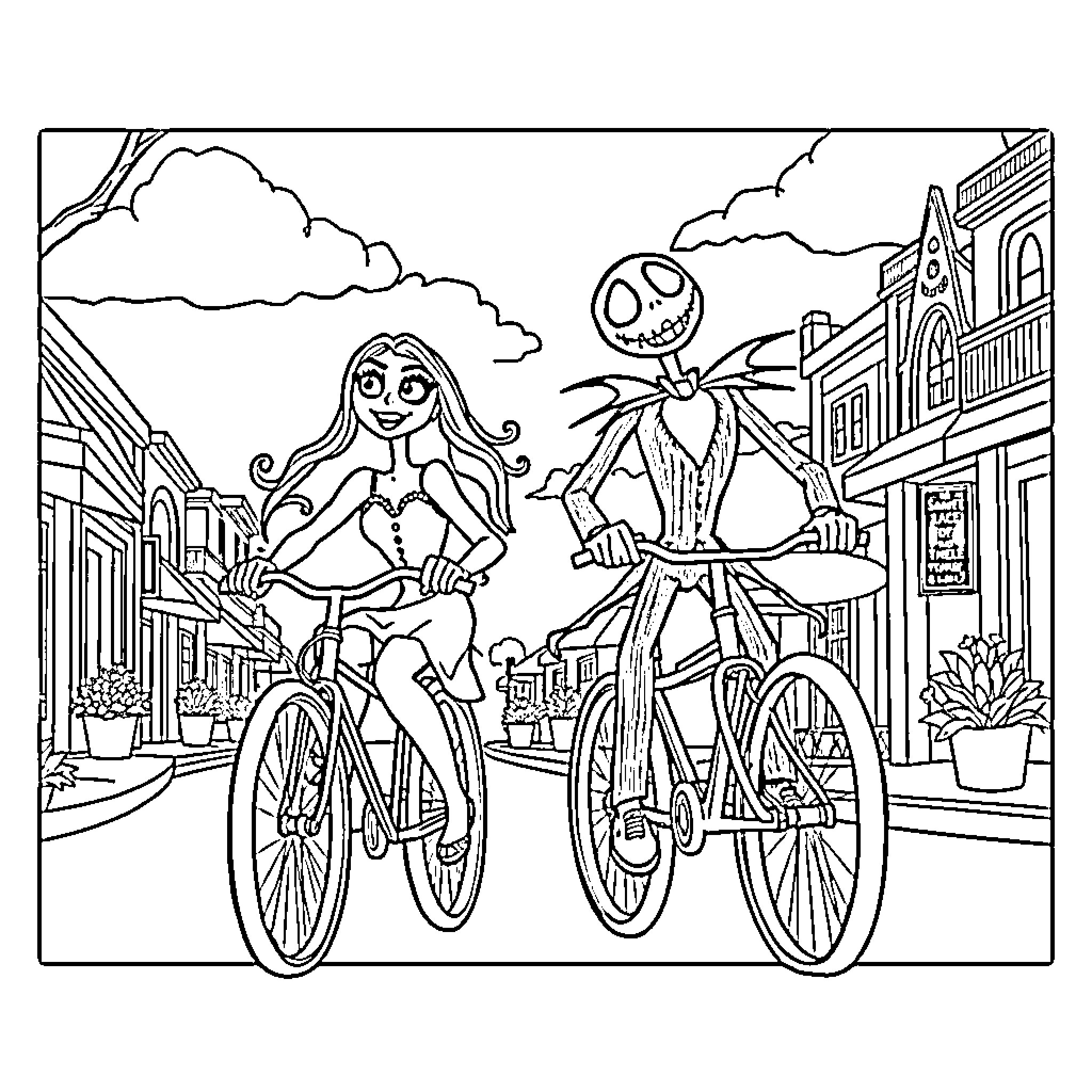 Skeleton couple riding bicycles in town Coloring Page (free black-and-white line drawing printable PDF for all, from beginners to advanced learners, including children, teens, adults, and seniors)