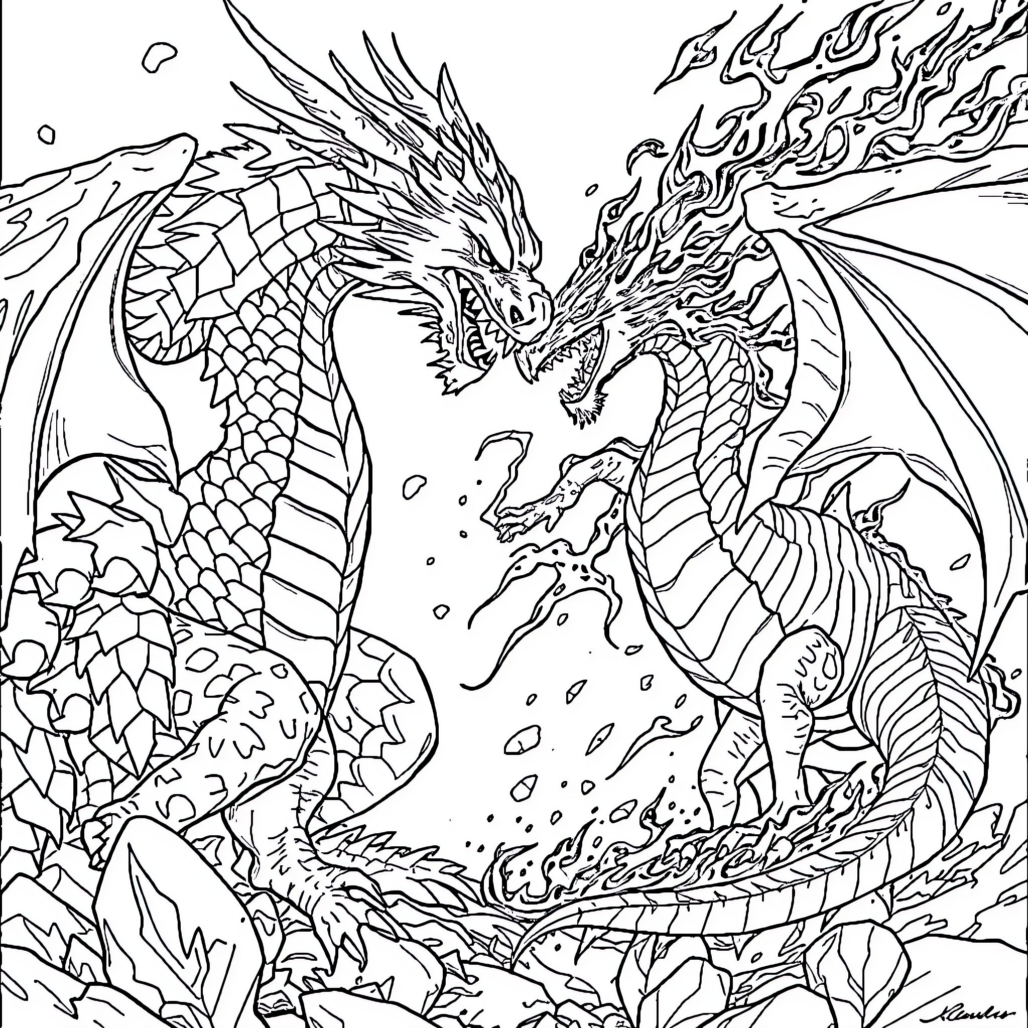 Dragon duo engaged in fierce battle Coloring Page (free black-and-white line drawing printable PDF for all, from beginners to advanced learners, including children, teens, adults, and seniors)