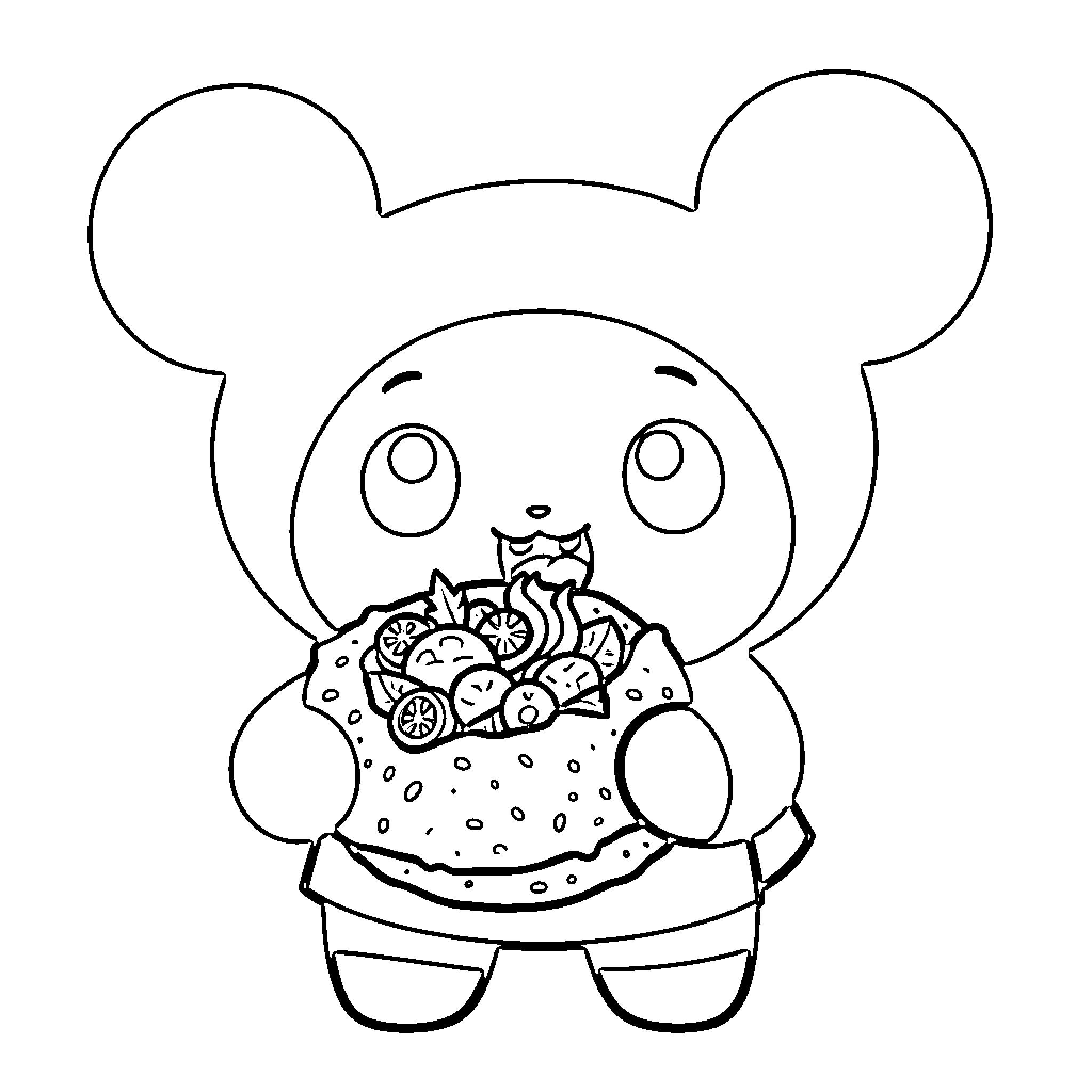 Kuromi holding a bouquet of flowers Coloring Page (free black-and-white line drawing printable PDF for all, from beginners to advanced learners, including children, teens, adults, and seniors)
