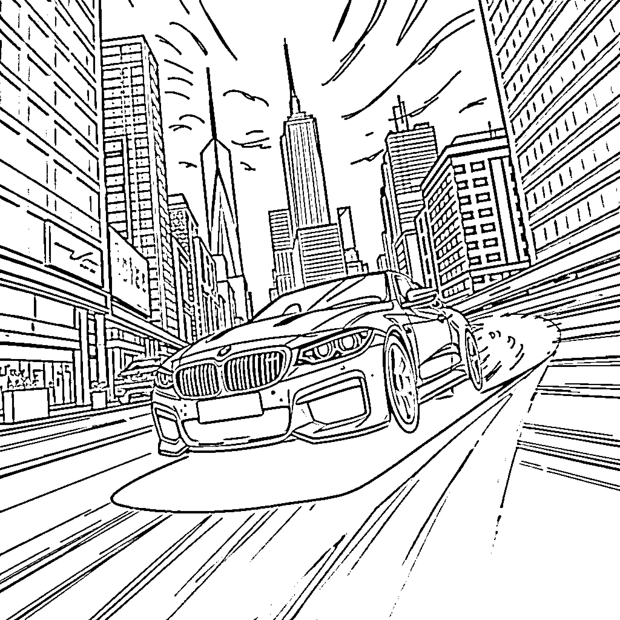 Car speeding through busy city streets Coloring Page (free black-and-white line drawing printable PDF for all, from beginners to advanced learners, including children, teens, adults, and seniors)