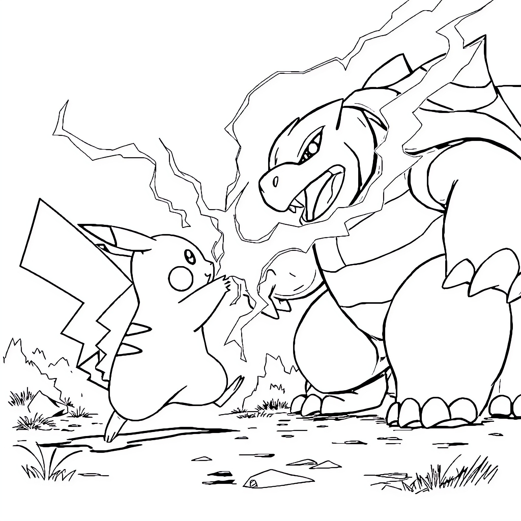 Pikachu battling a fearsome Charizard Coloring Page (free black-and-white line drawing printable PDF for all, from beginners to advanced learners, including children, teens, adults, and seniors)