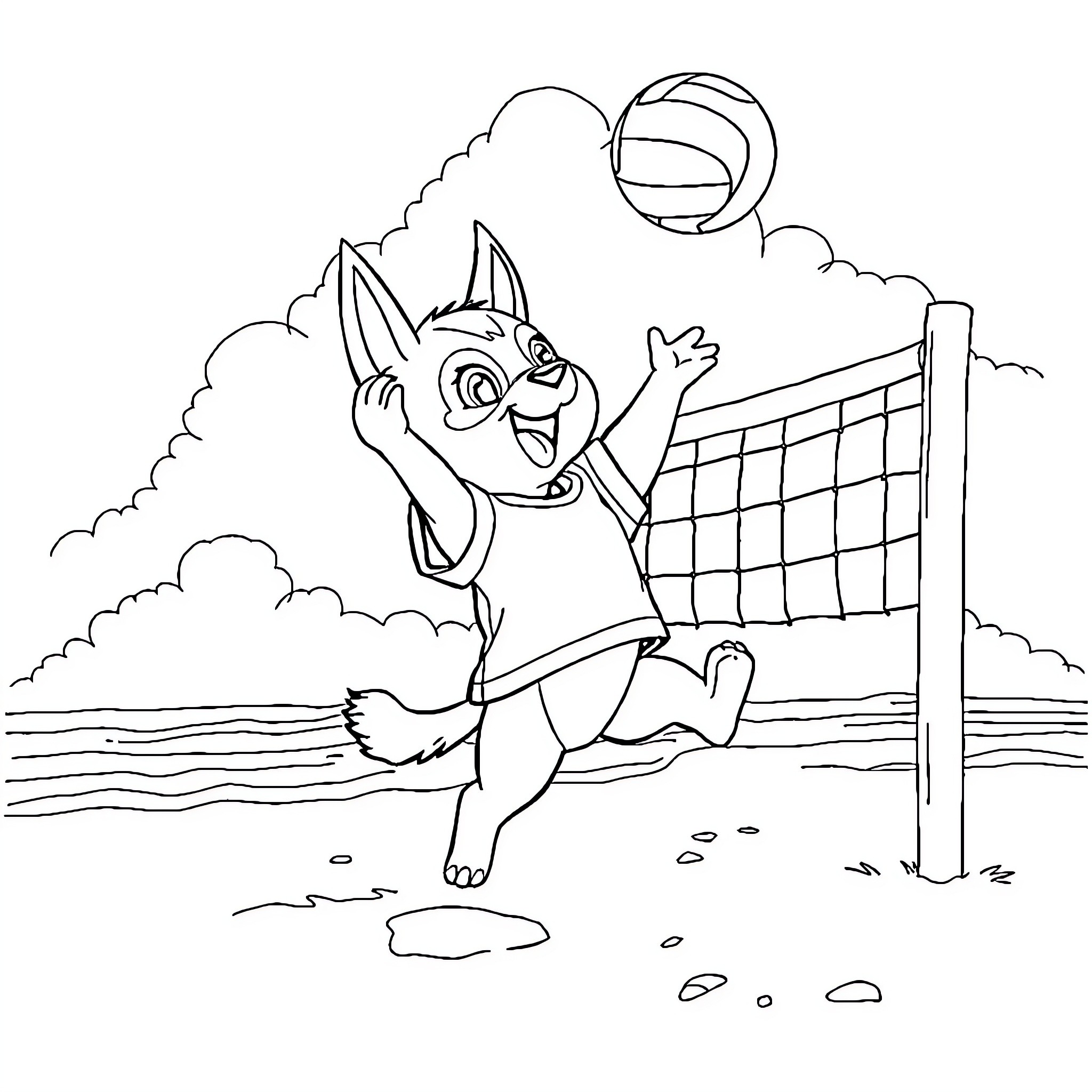 Cubone playing joyfully at the beach volleyball court Coloring Page (free black-and-white line drawing printable PDF for all, from beginners to advanced learners, including children, teens, adults, and seniors)