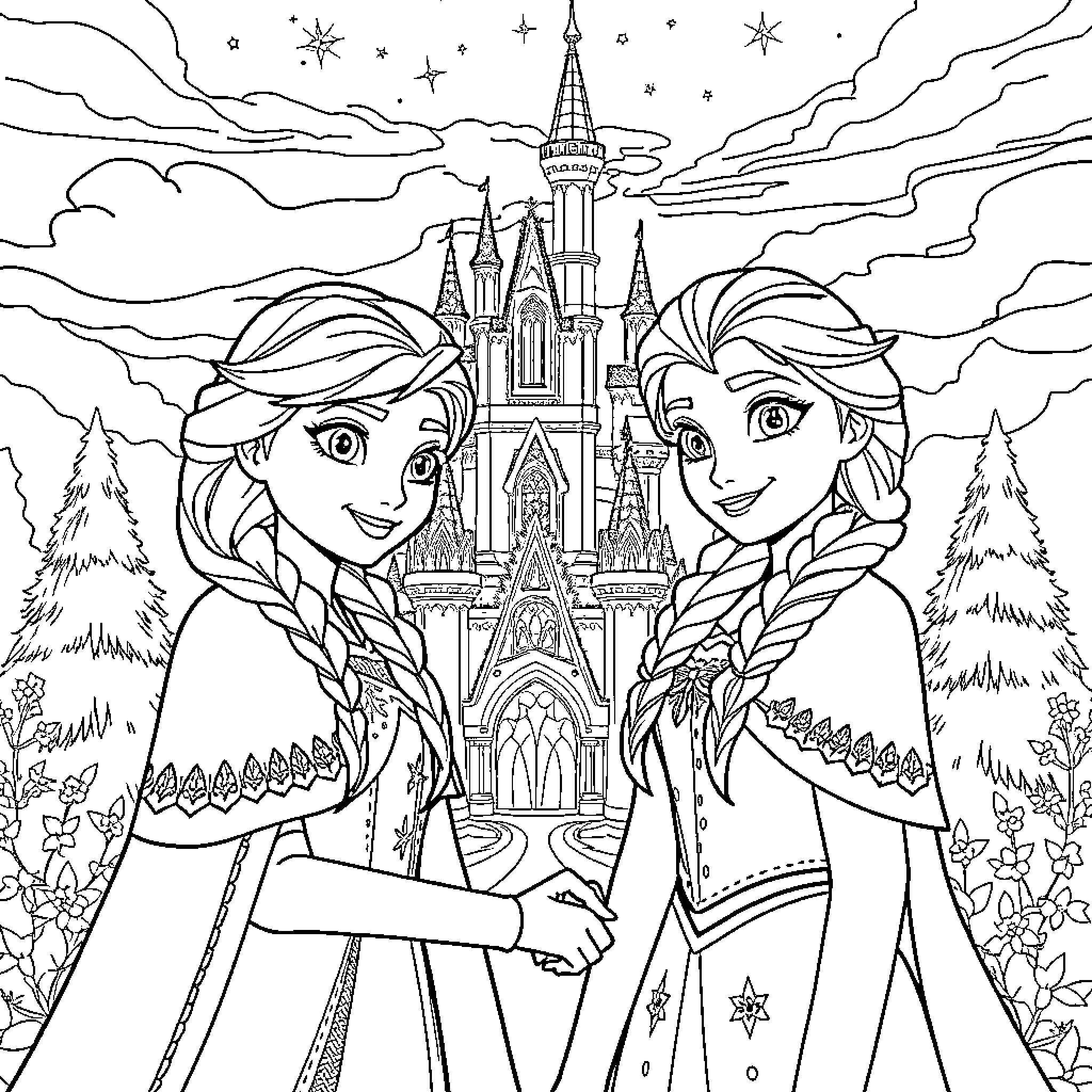 Elsa and Anna enjoying a magical castle scene Coloring Page (free black-and-white line drawing printable PDF for all, from beginners to advanced learners, including children, teens, adults, and seniors)