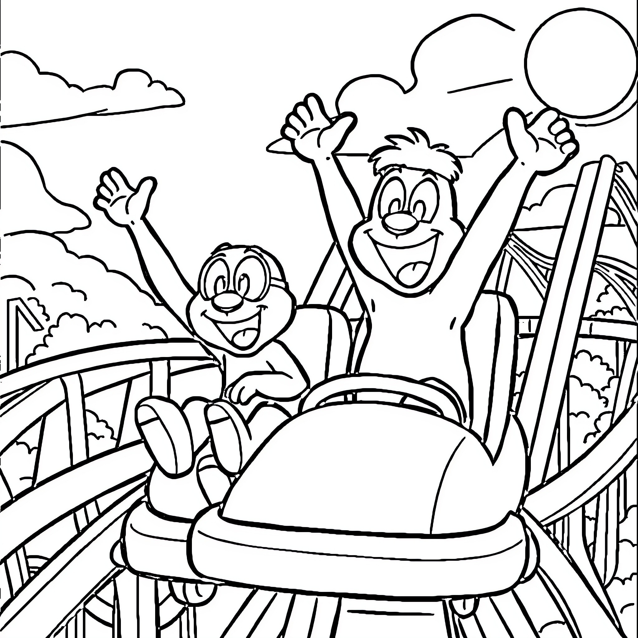 Bluey's fun rollercoaster ride with friends Coloring Page (free black-and-white line drawing printable PDF for all, from beginners to advanced learners, including children, teens, adults, and seniors)