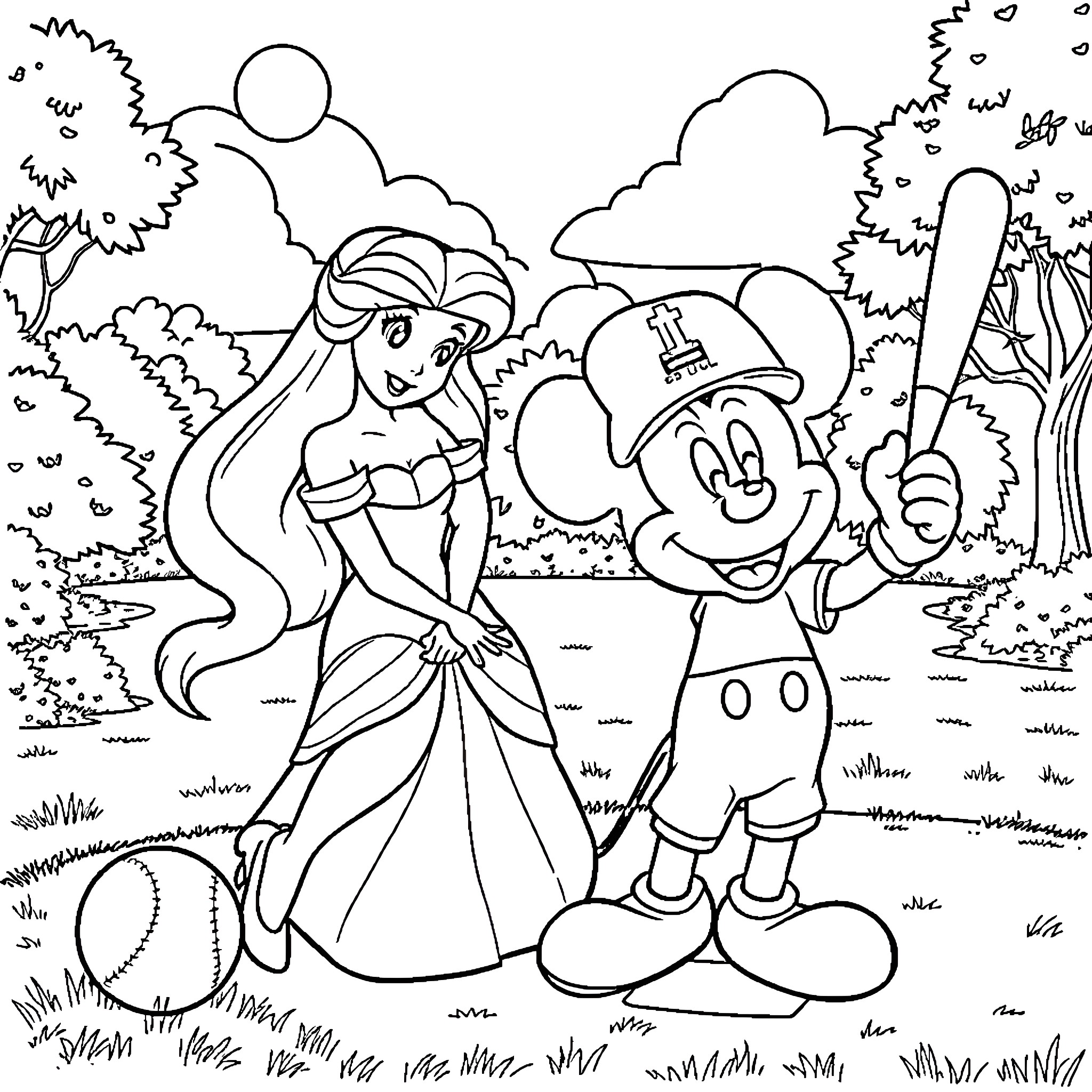 Princess and Cartoon Character Exploring the Outdoors Coloring Page (free black-and-white line drawing printable PDF for all, from beginners to advanced learners, including children, teens, adults, and seniors)