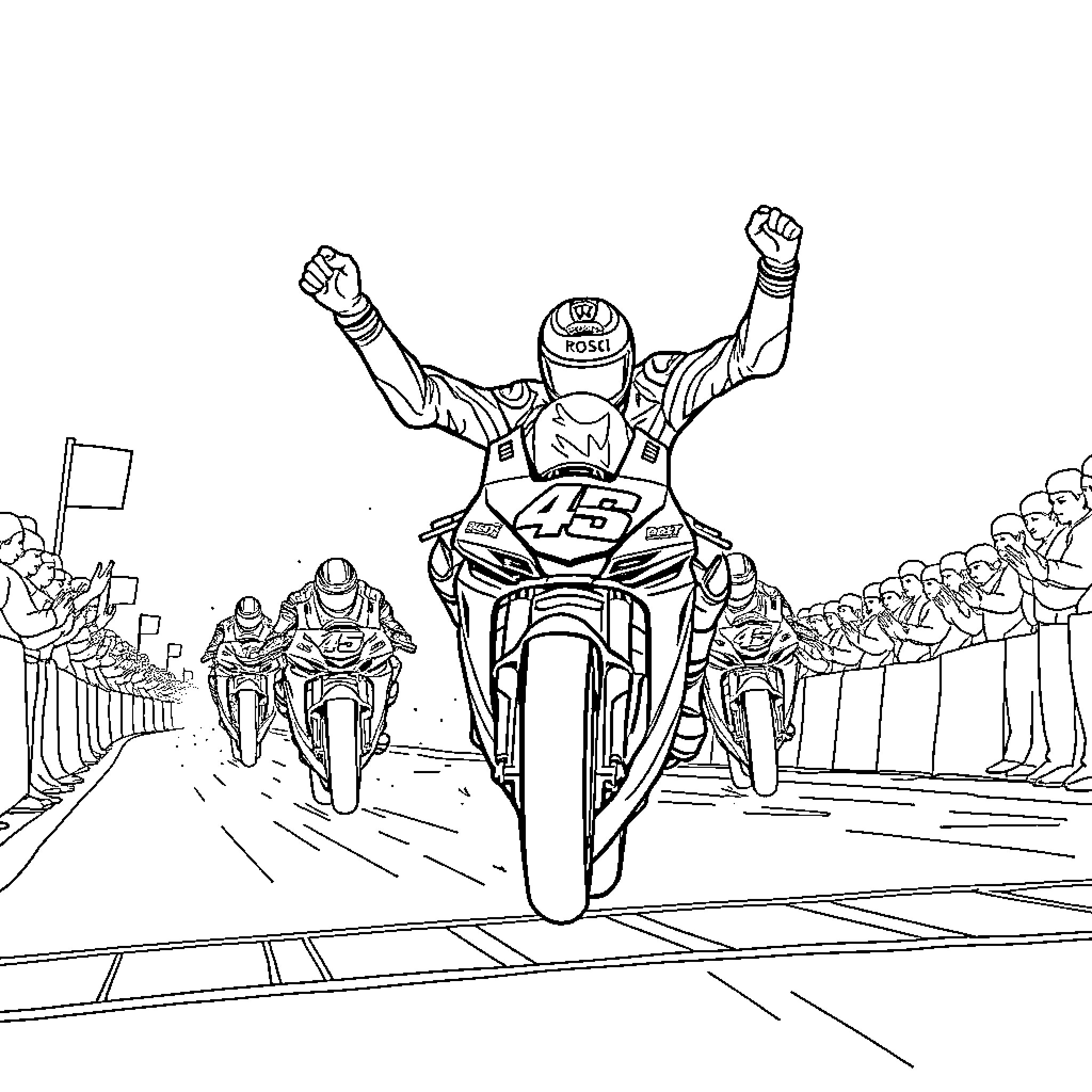 Valentino Rossi celebrating victory on motorcycle Coloring Page (free black-and-white line drawing printable PDF for all, from beginners to advanced learners, including children, teens, adults, and seniors)