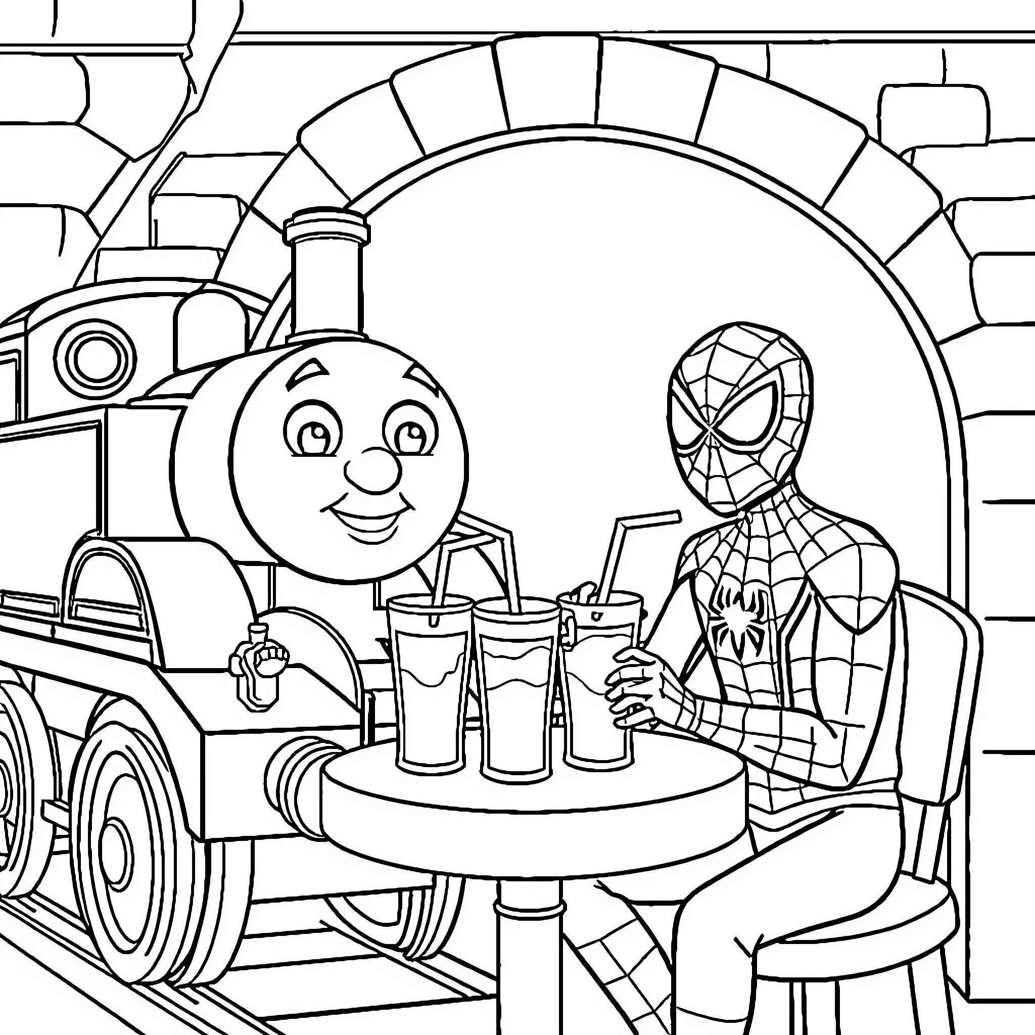 Thomas the Train and Spiderman Enjoying Drinks Coloring Page (free black-and-white line drawing printable PDF for all, from beginners to advanced learners, including children, teens, adults, and seniors)