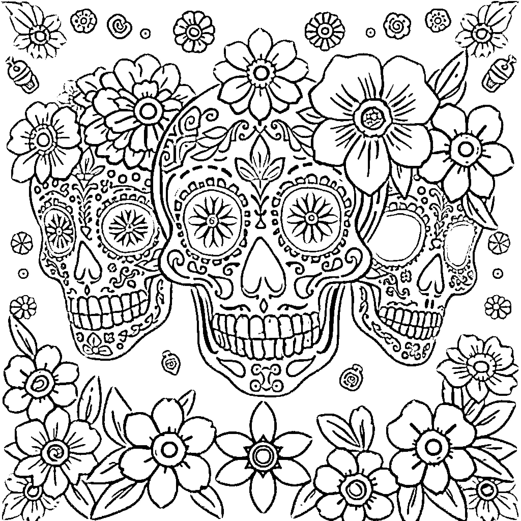 Sugar Skull with Intricate Floral Patterns Coloring Page (free black-and-white line drawing printable PDF for all, from beginners to advanced learners, including children, teens, adults, and seniors)