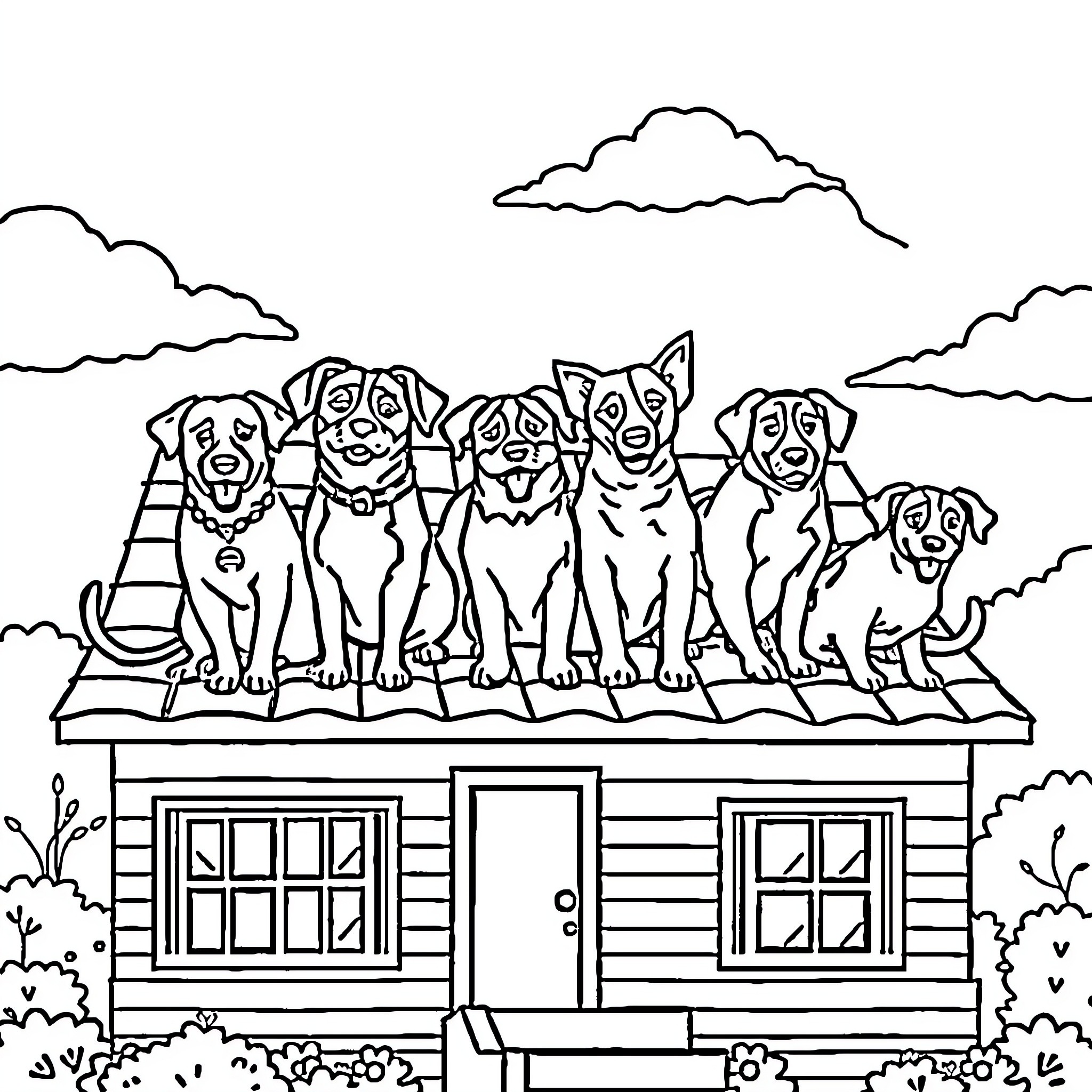 Dog friends sitting happily on a cottage roof Coloring Page (free black-and-white line drawing printable PDF for all, from beginners to advanced learners, including children, teens, adults, and seniors)