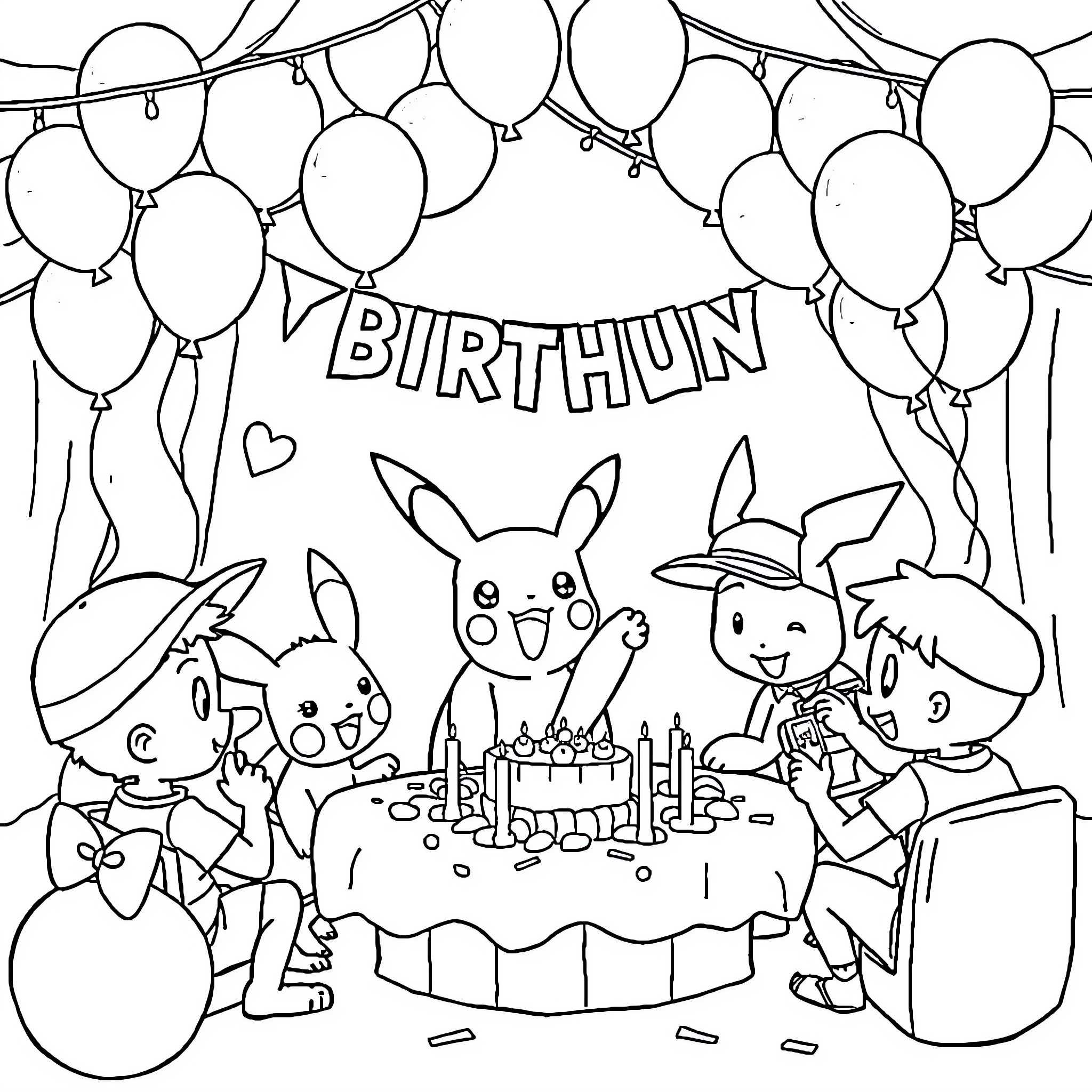 Pokémon characters celebrating a birthday party Coloring Page (free black-and-white line drawing printable PDF for all, from beginners to advanced learners, including children, teens, adults, and seniors)
