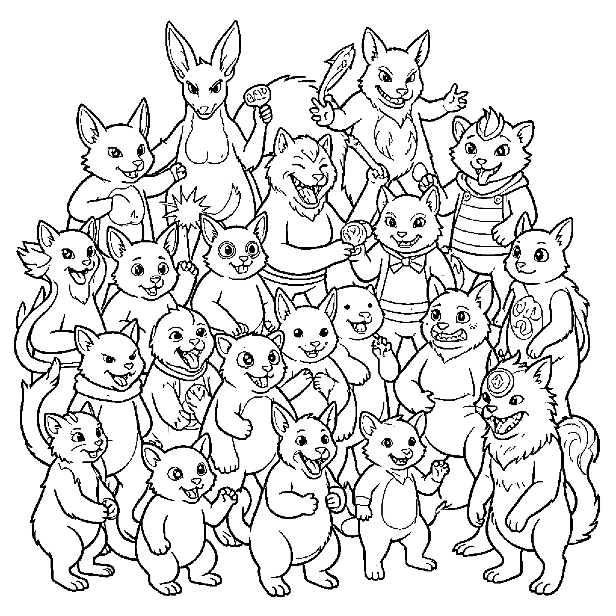 Pokémon characters posing together in a group scene Coloring Page (free black-and-white line drawing printable PDF for all, from beginners to advanced learners, including children, teens, adults, and seniors)