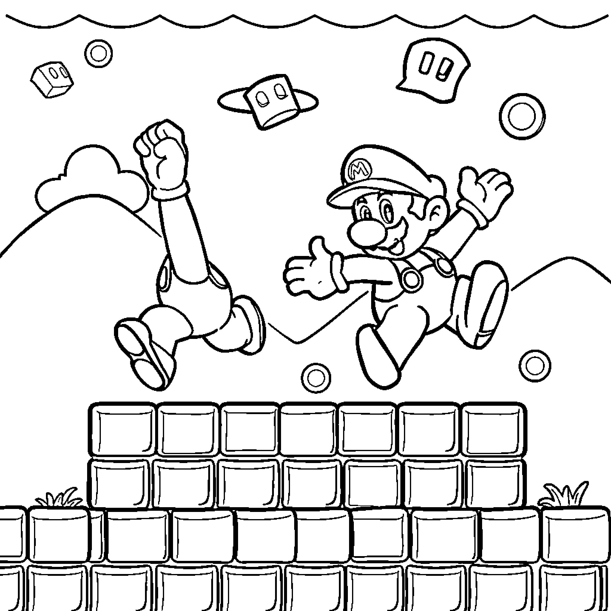 Mario jumping over obstacles in a platforming scene Coloring Page (free black-and-white line drawing printable PDF for all, from beginners to advanced learners, including children, teens, adults, and seniors)
