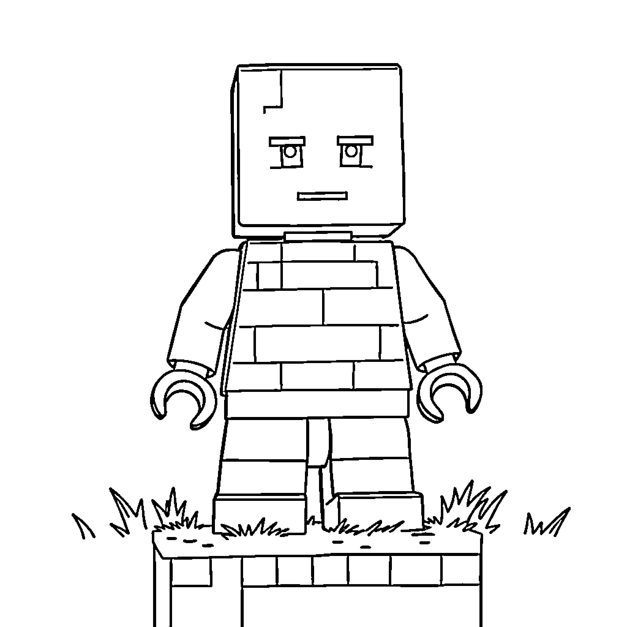Lego Minecraft Human standing on grassy blocks Coloring Page (free black-and-white line drawing printable PDF for all, from beginners to advanced learners, including children, teens, adults, and seniors)