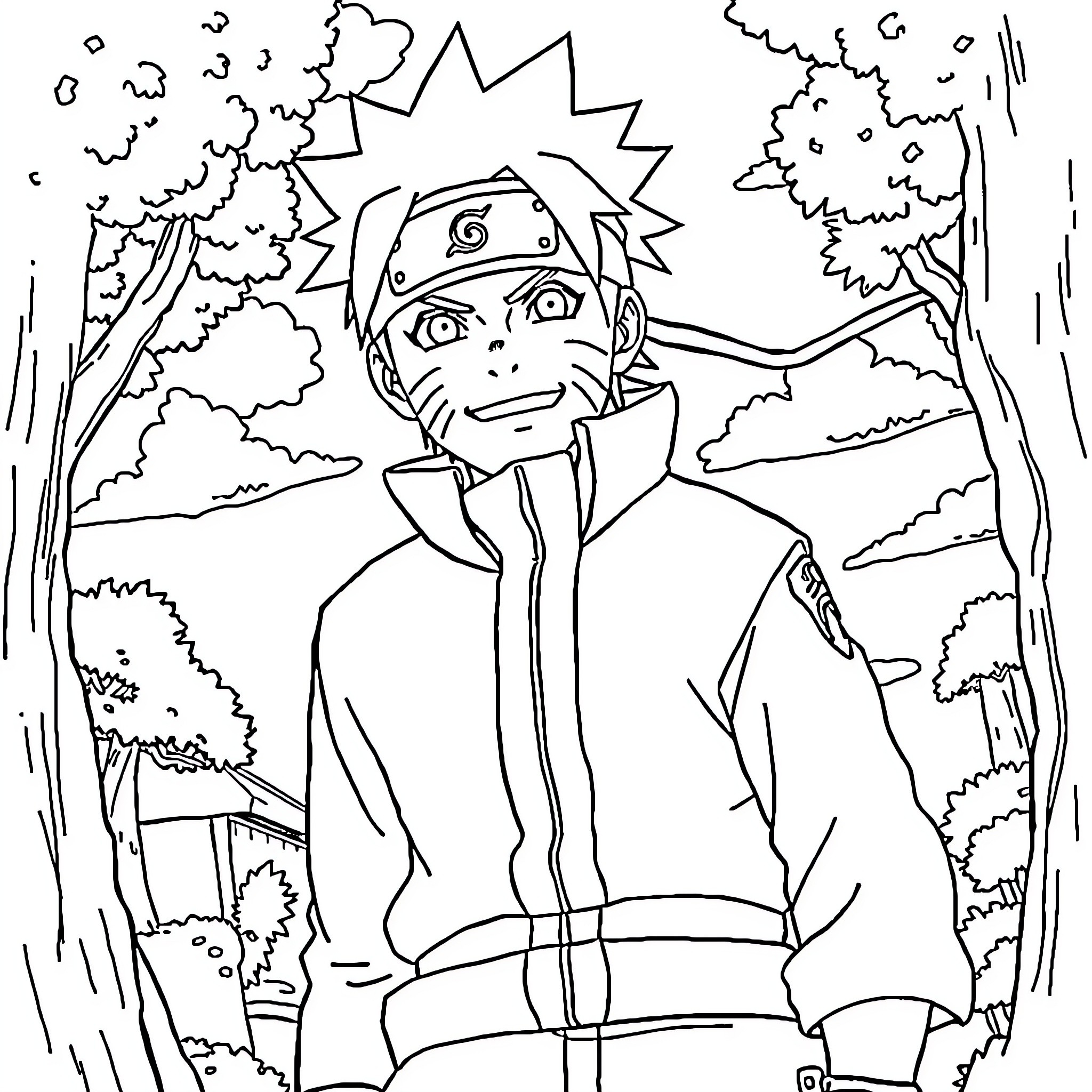 Naruto exploring the forest with determination Coloring Page (free black-and-white line drawing printable PDF for all, from beginners to advanced learners, including children, teens, adults, and seniors)