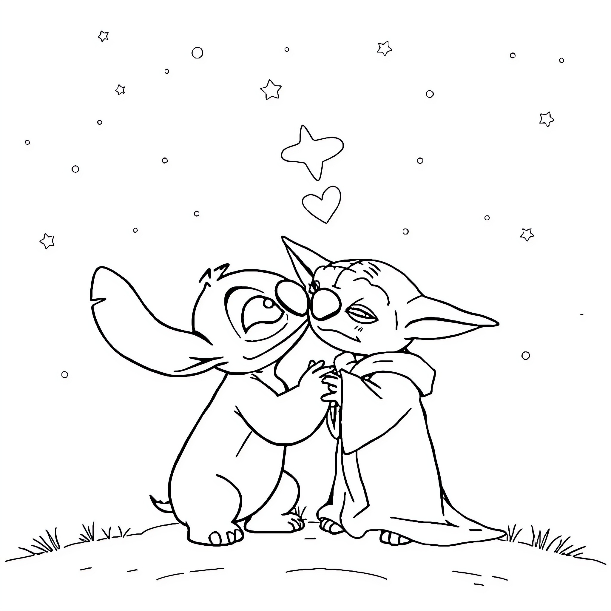 Stitch hugs and comforts a friend under the stars Coloring Page (free black-and-white line drawing printable PDF for all, from beginners to advanced learners, including children, teens, adults, and seniors)