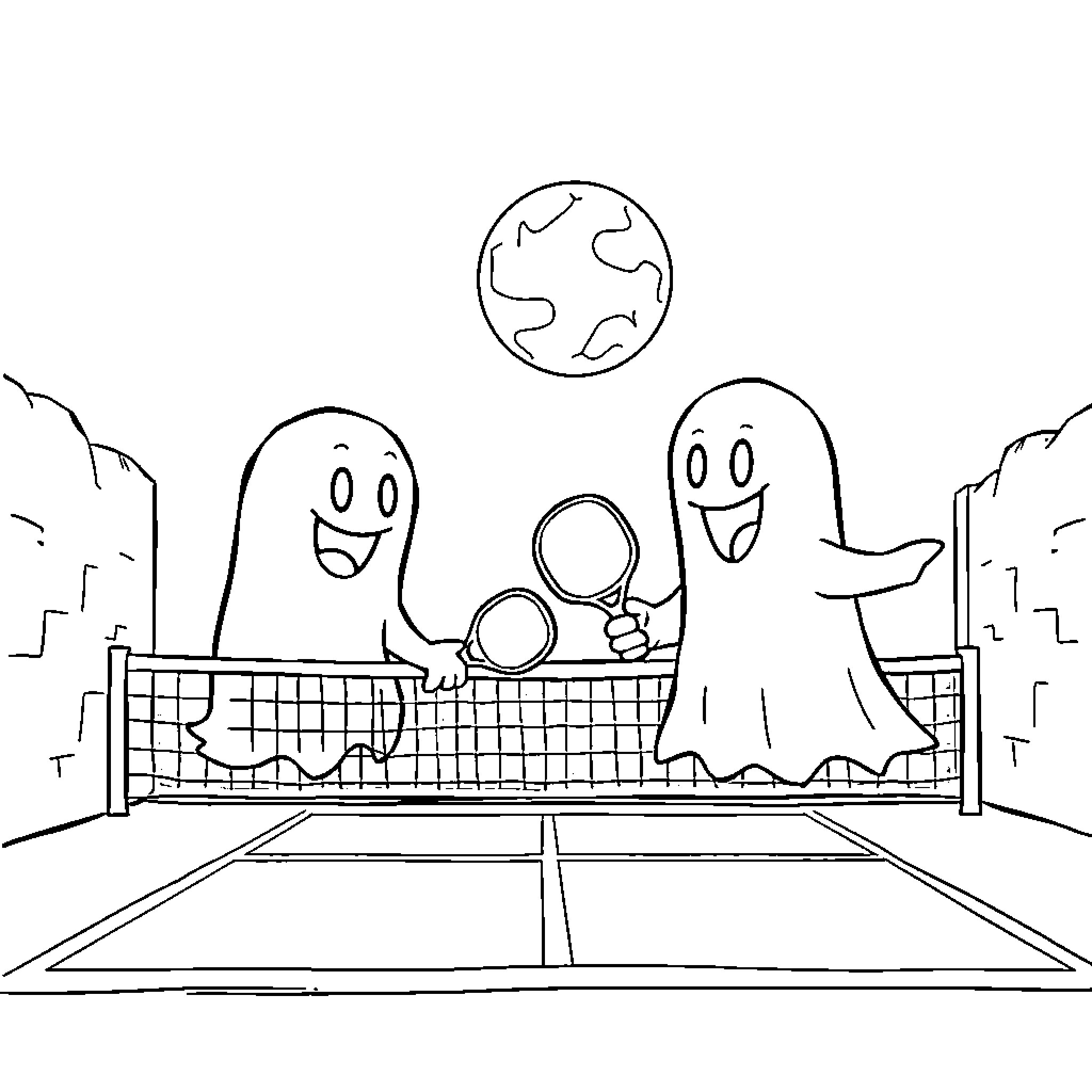 Ghost friends playing volleyball on the court Coloring Page (free black-and-white line drawing printable PDF for all, from beginners to advanced learners, including children, teens, adults, and seniors)