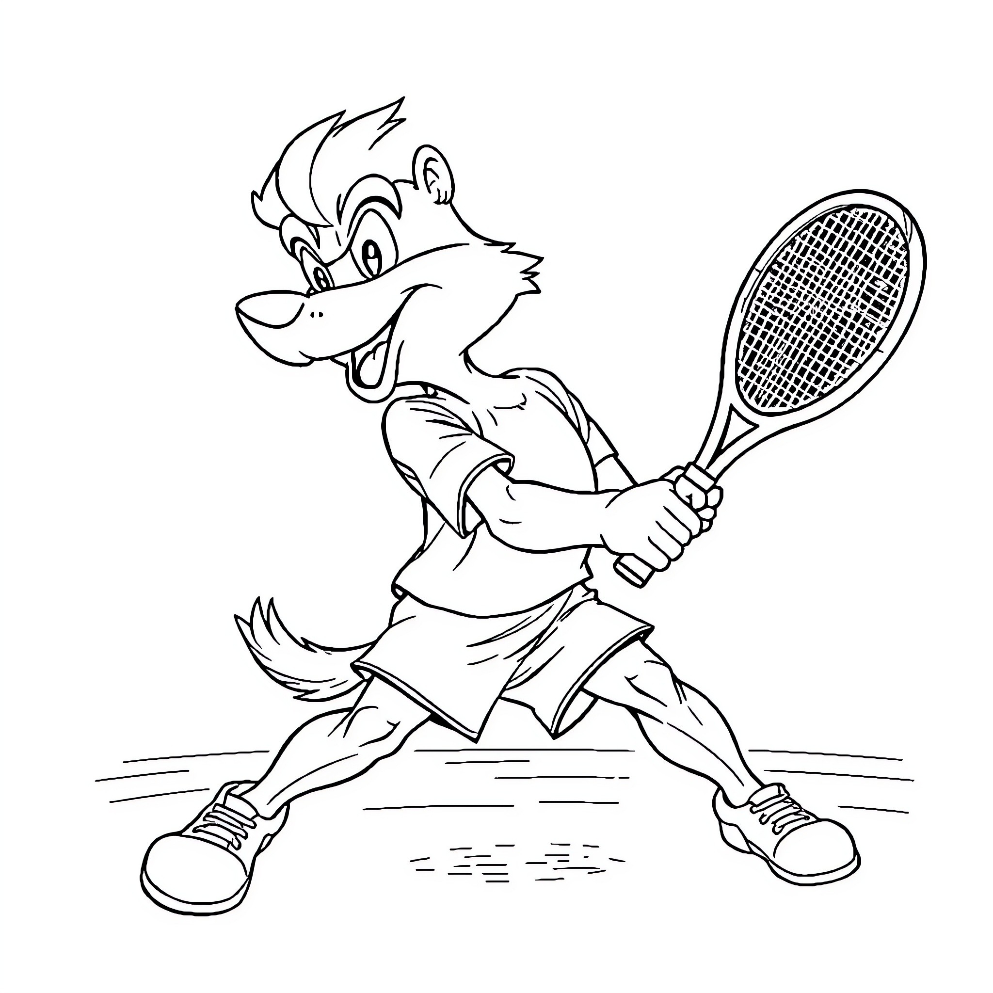 Goldorak playing tennis with energy and excitement Coloring Page (free black-and-white line drawing printable PDF for all, from beginners to advanced learners, including children, teens, adults, and seniors)