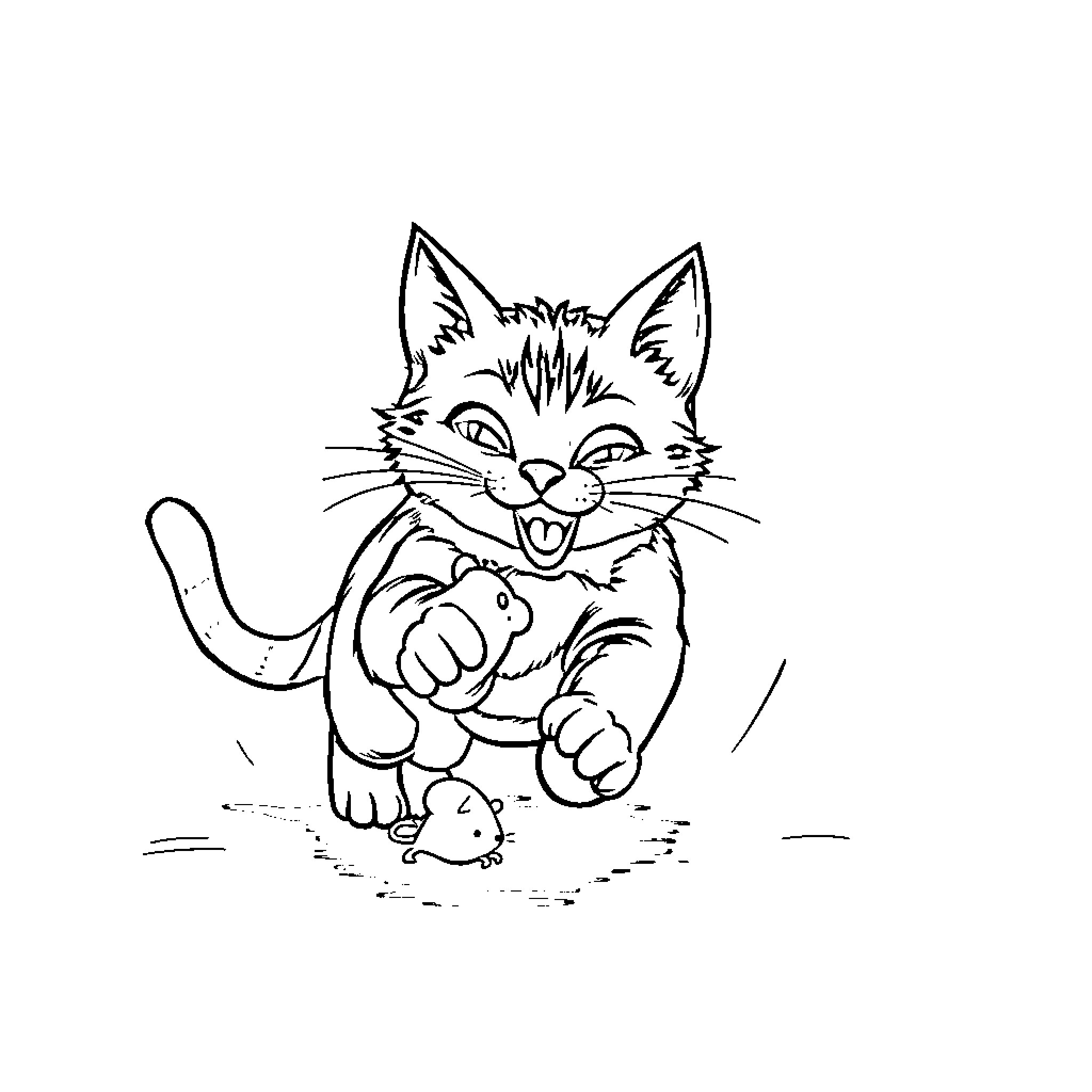Cat playing with a mouse Coloring Page (free black-and-white line drawing printable PDF for all, from beginners to advanced learners, including children, teens, adults, and seniors)