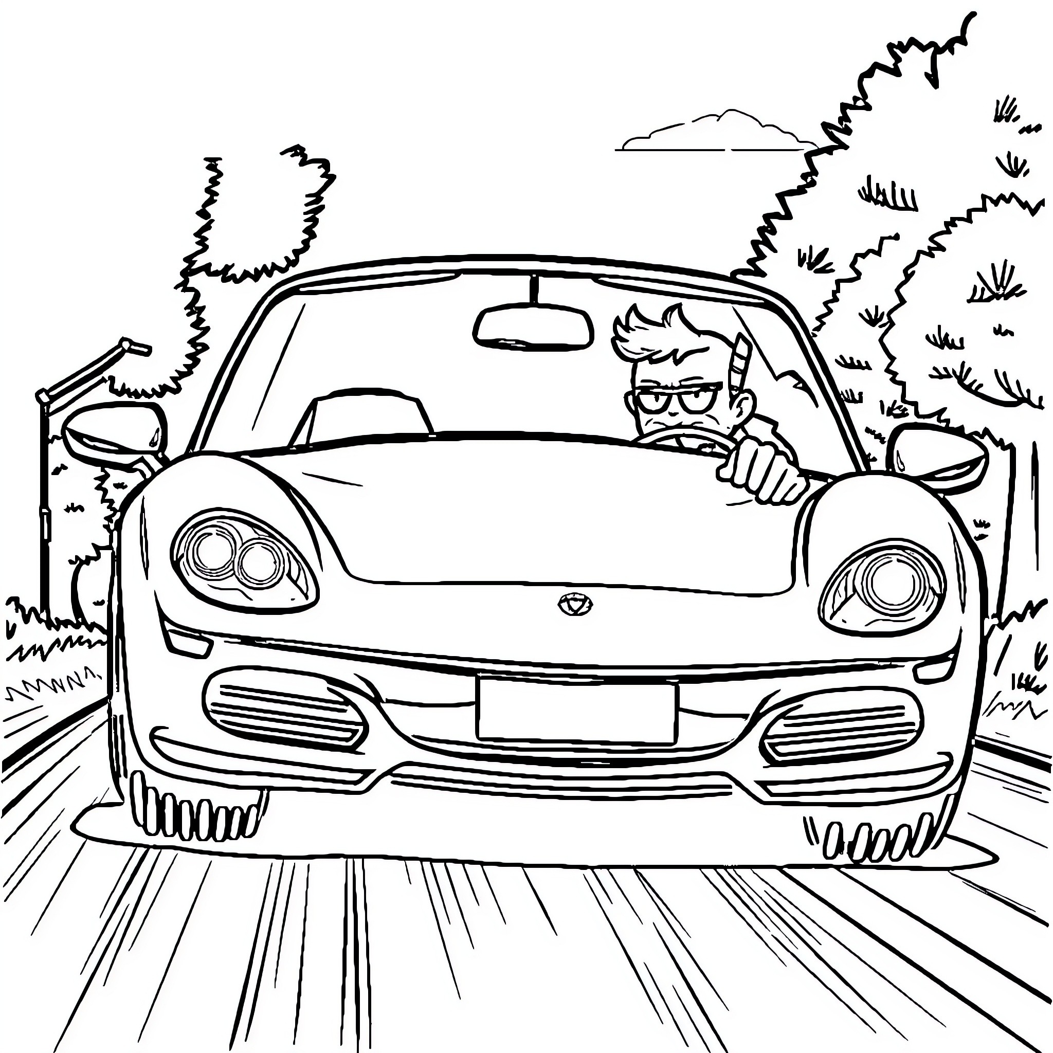 Car speeding through the countryside Coloring Page (free black-and-white line drawing printable PDF for all, from beginners to advanced learners, including children, teens, adults, and seniors)