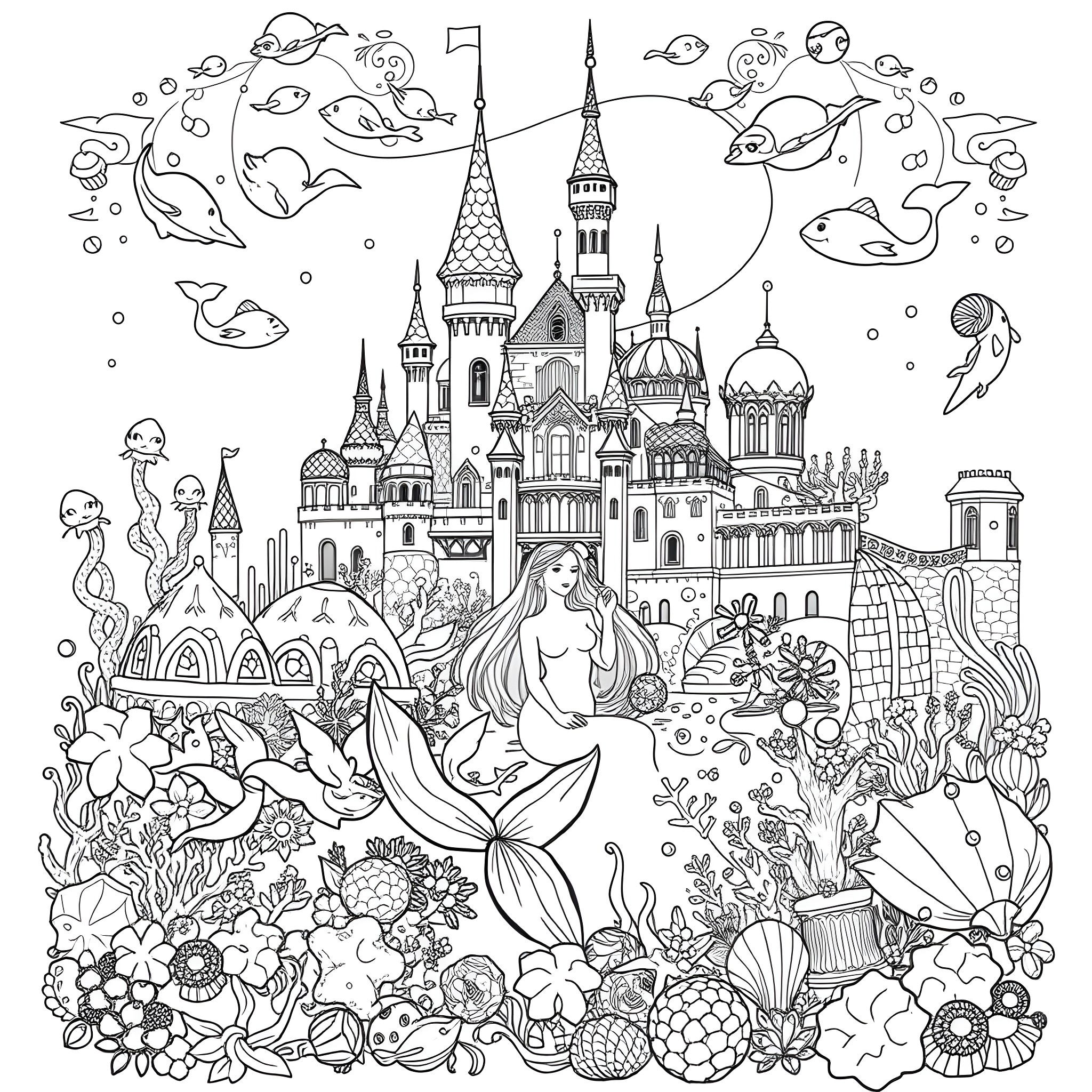 Mermaid in a fantastical underwater castle scene Coloring Page (free black-and-white line drawing printable PDF for all, from beginners to advanced learners, including children, teens, adults, and seniors)