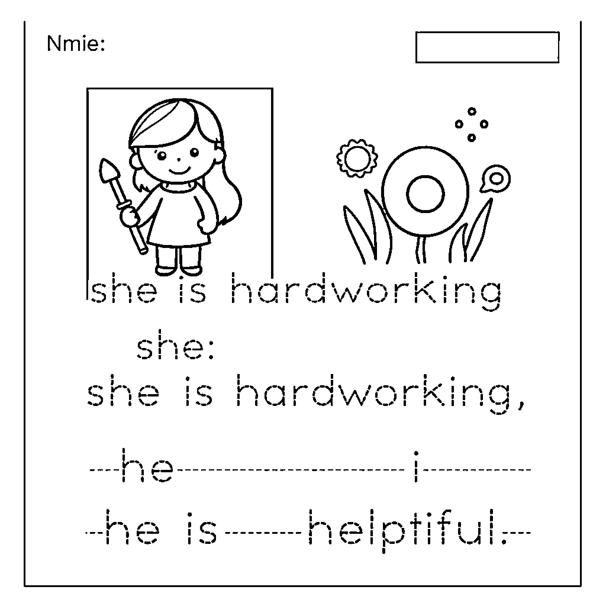 Worksheet about hardworking girl Coloring Page (free black-and-white line drawing printable PDF for all, from beginners to advanced learners, including children, teens, adults, and seniors)