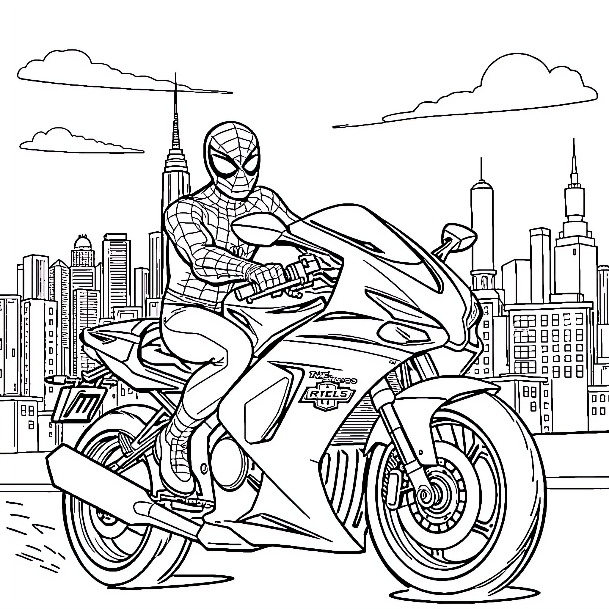 Spiderman riding a motorcycle in the city Coloring Page (free black-and-white line drawing printable PDF for all, from beginners to advanced learners, including children, teens, adults, and seniors)