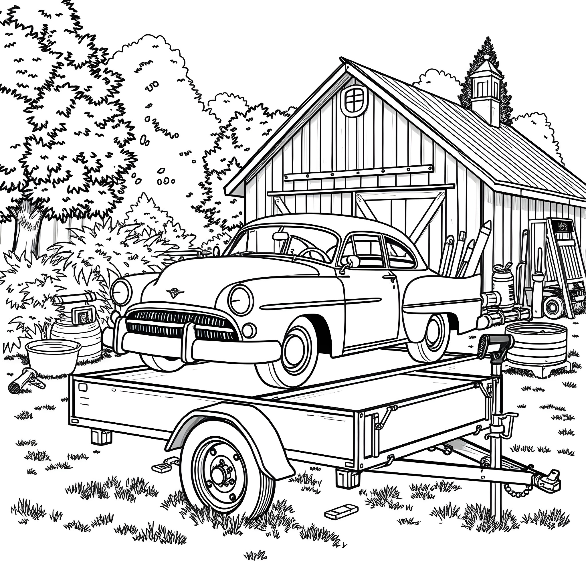 Car on trailer near farm house and trees Coloring Page (free black-and-white line drawing printable PDF for all, from beginners to advanced learners, including children, teens, adults, and seniors)