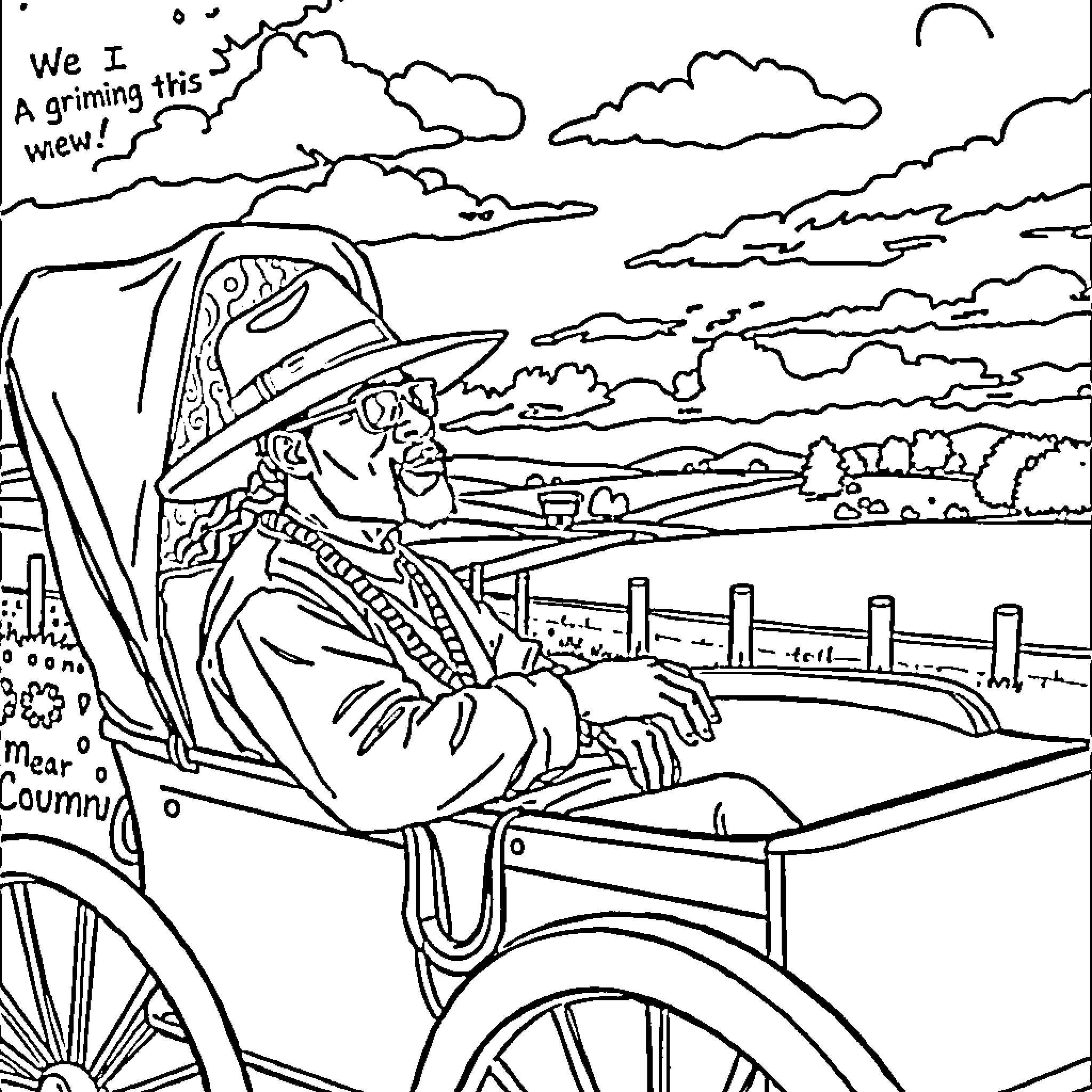 Snoopdogg enjoying a scenic carriage ride through the countryside Coloring Page (free black-and-white line drawing printable PDF for all, from beginners to advanced learners, including children, teens, adults, and seniors)