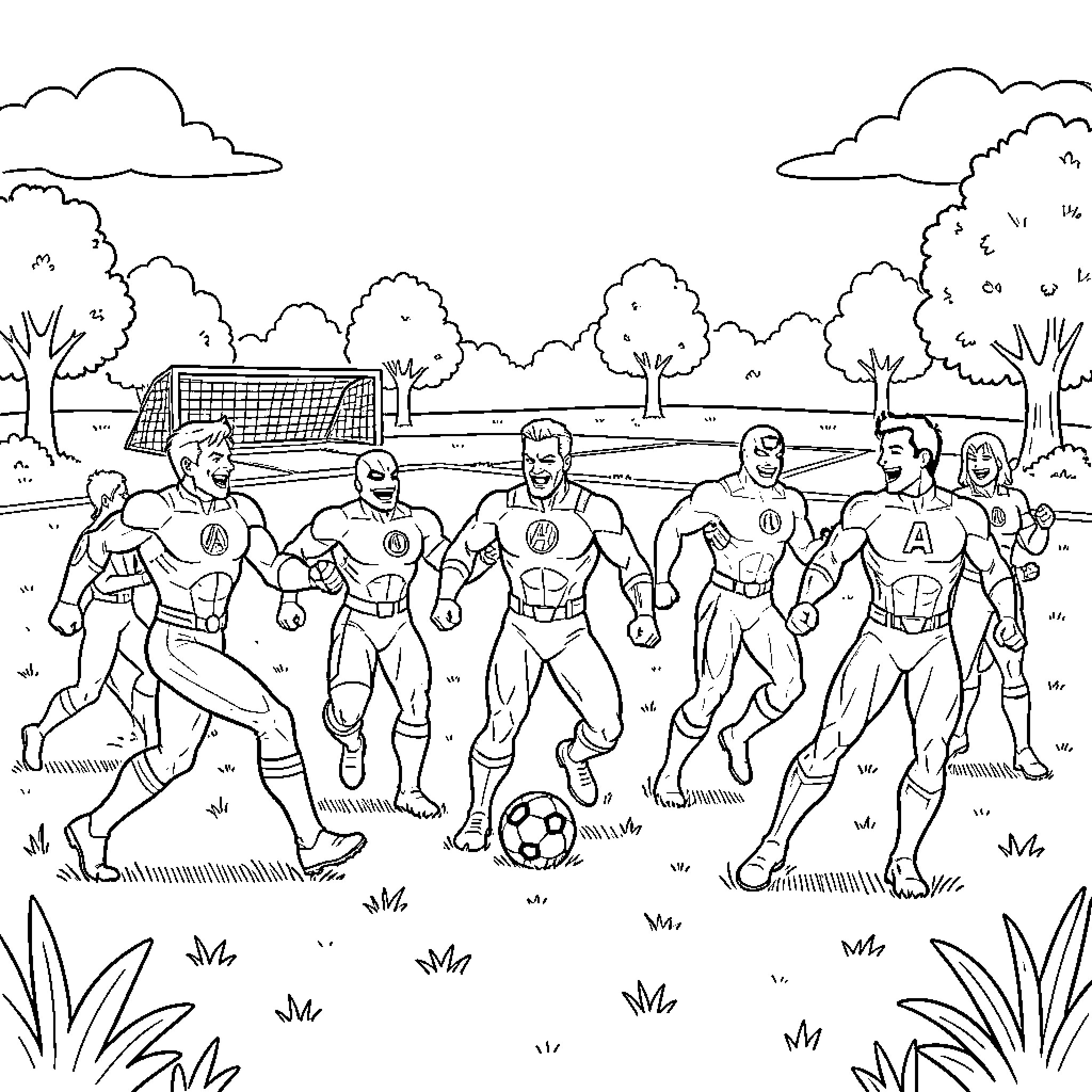 Avengers engage in a friendly soccer match Coloring Page (free black-and-white line drawing printable PDF for all, from beginners to advanced learners, including children, teens, adults, and seniors)
