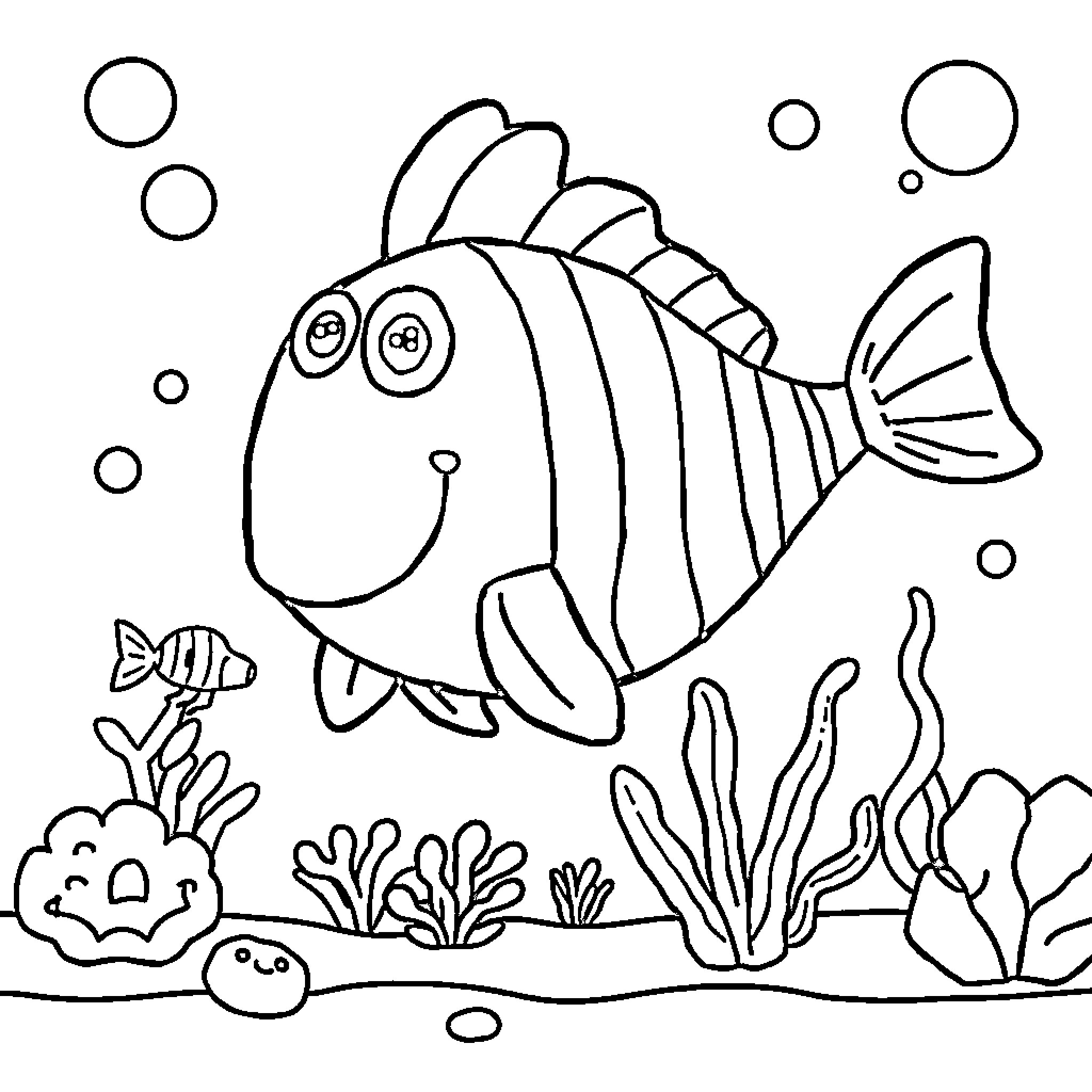Plankton exploring the underwater world Coloring Page (free black-and-white line drawing printable PDF for all, from beginners to advanced learners, including children, teens, adults, and seniors)