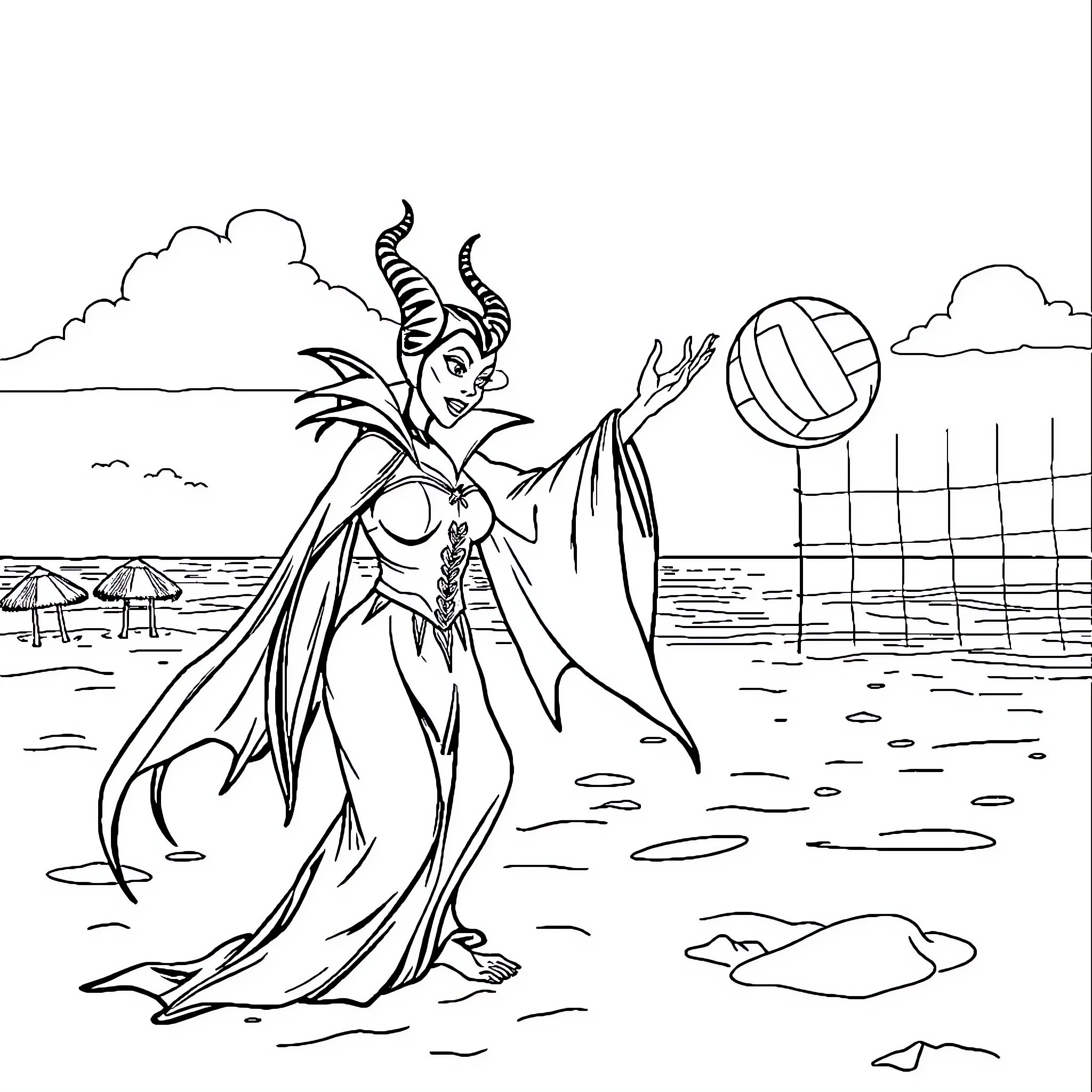 Maleficent playing volleyball on the beach Coloring Page (free black-and-white line drawing printable PDF for all, from beginners to advanced learners, including children, teens, adults, and seniors)