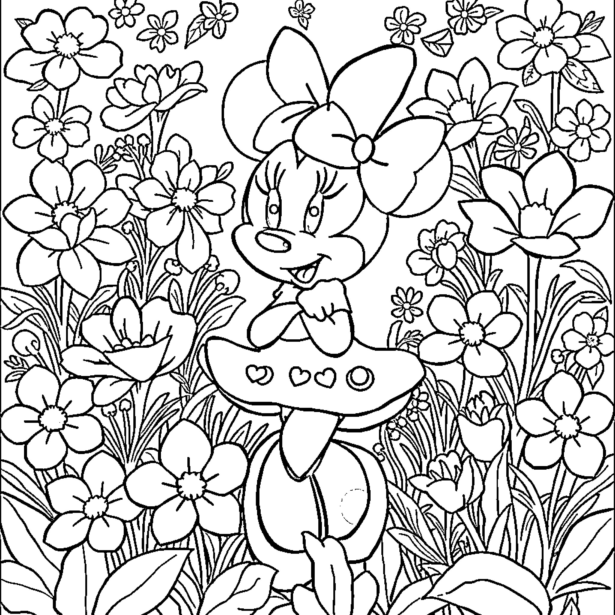 Minnie enjoying a floral garden Coloring Page (free black-and-white line drawing printable PDF for all, from beginners to advanced learners, including children, teens, adults, and seniors)
