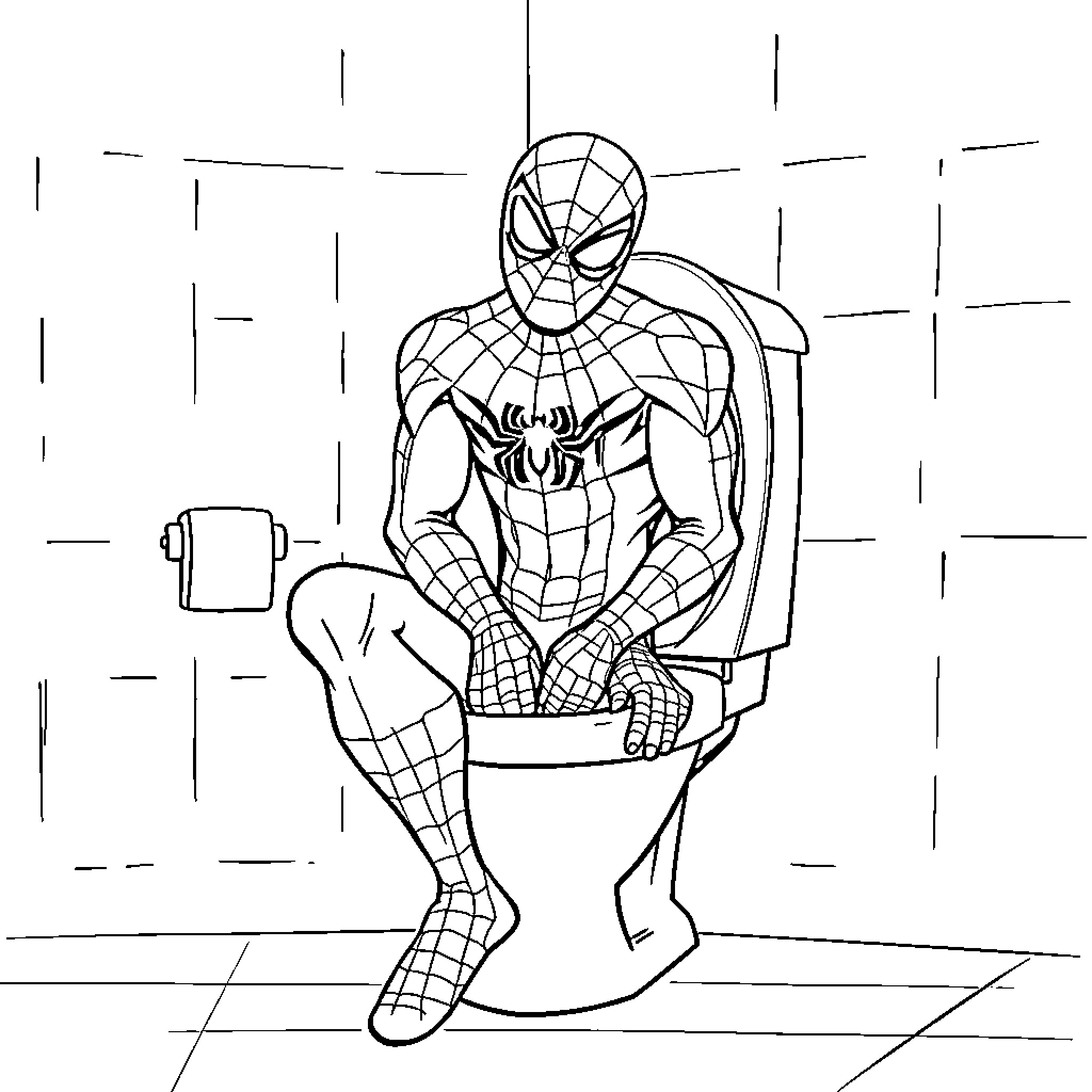 Spiderman sitting on a toilet Coloring Page (free black-and-white line drawing printable PDF for all, from beginners to advanced learners, including children, teens, adults, and seniors)