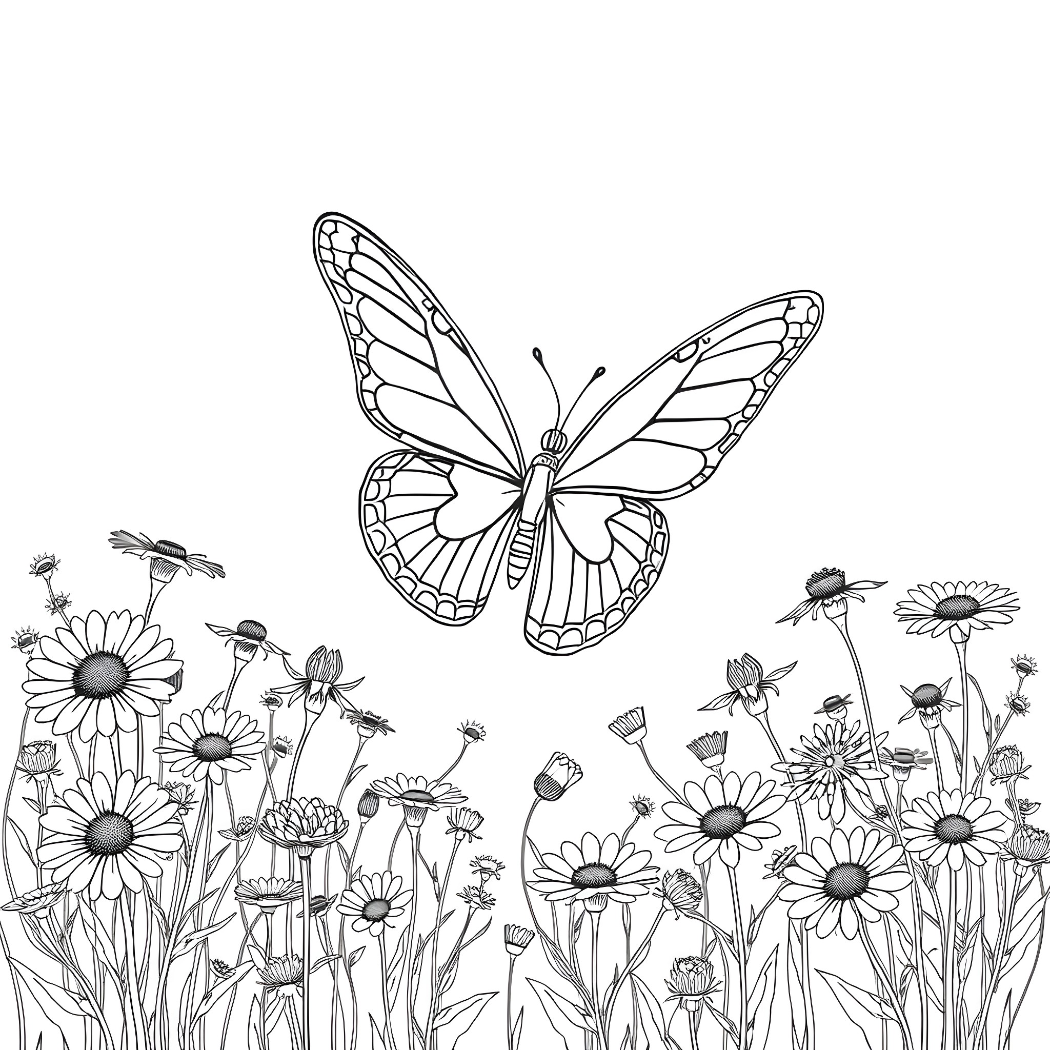Butterfly floating gracefully amidst a field of flowers Coloring Page (free black-and-white line drawing printable PDF for all, from beginners to advanced learners, including children, teens, adults, and seniors)
