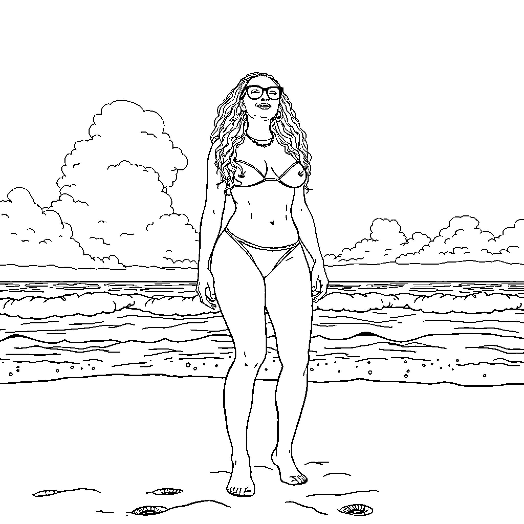 Iggy Azalea posing confidently on the beach Coloring Page (free black-and-white line drawing printable PDF for all, from beginners to advanced learners, including children, teens, adults, and seniors)