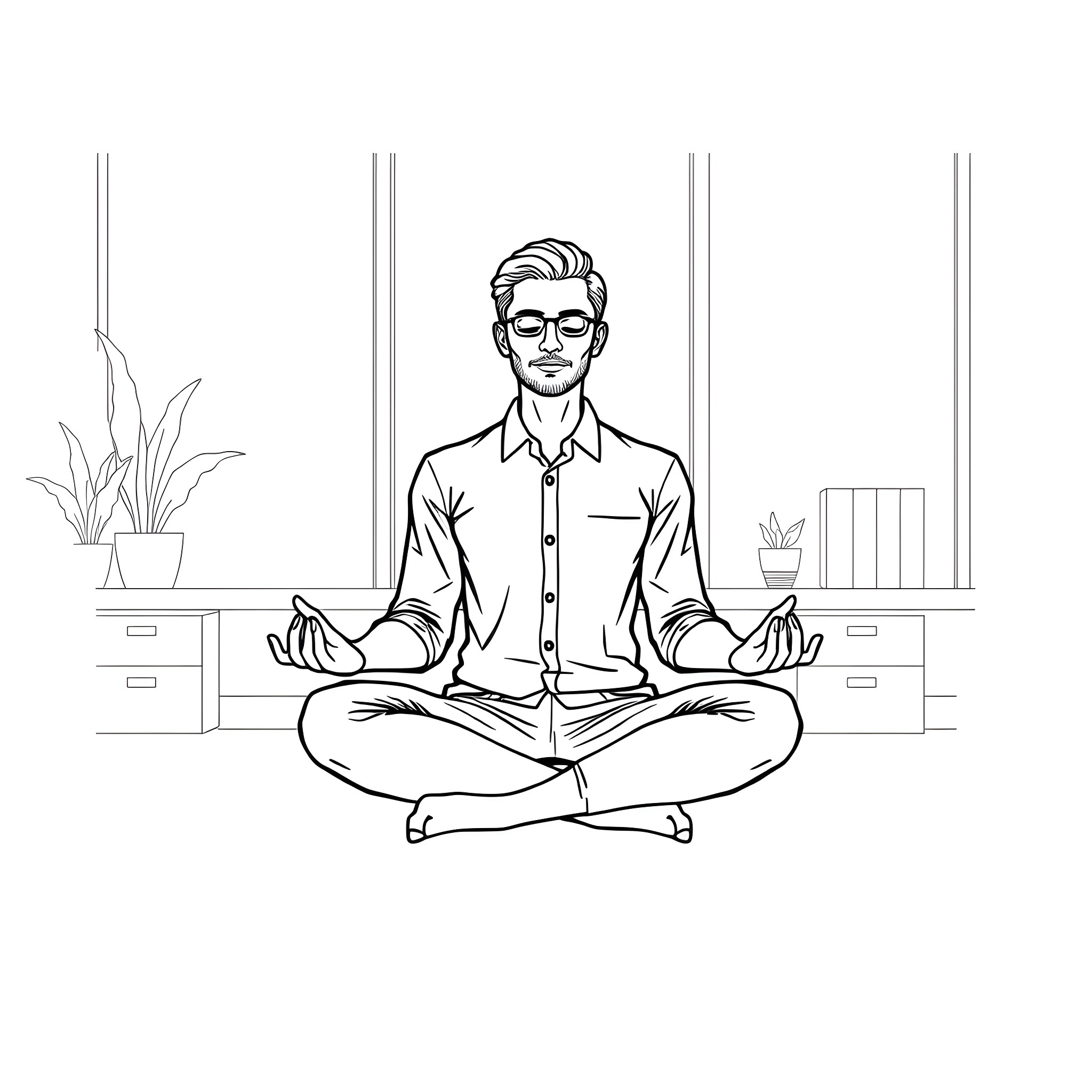 Person meditating peacefully in the office Coloring Page (free black-and-white line drawing printable PDF for all, from beginners to advanced learners, including children, teens, adults, and seniors)