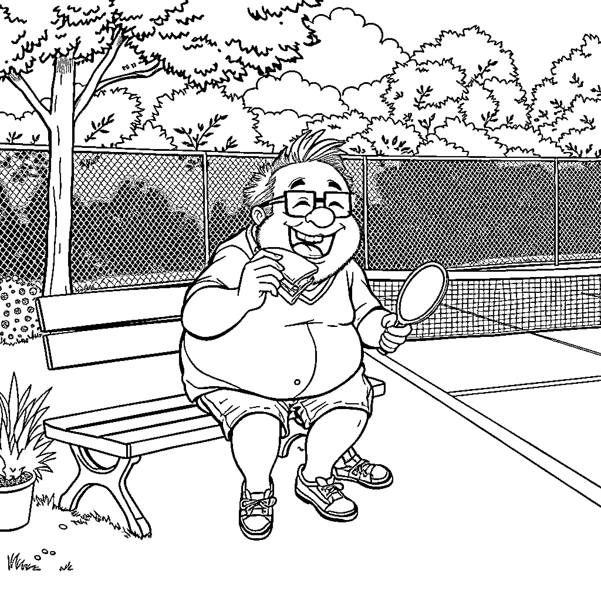 Danny DeVito enjoying a day at the tennis court Coloring Page (free black-and-white line drawing printable PDF for all, from beginners to advanced learners, including children, teens, adults, and seniors)