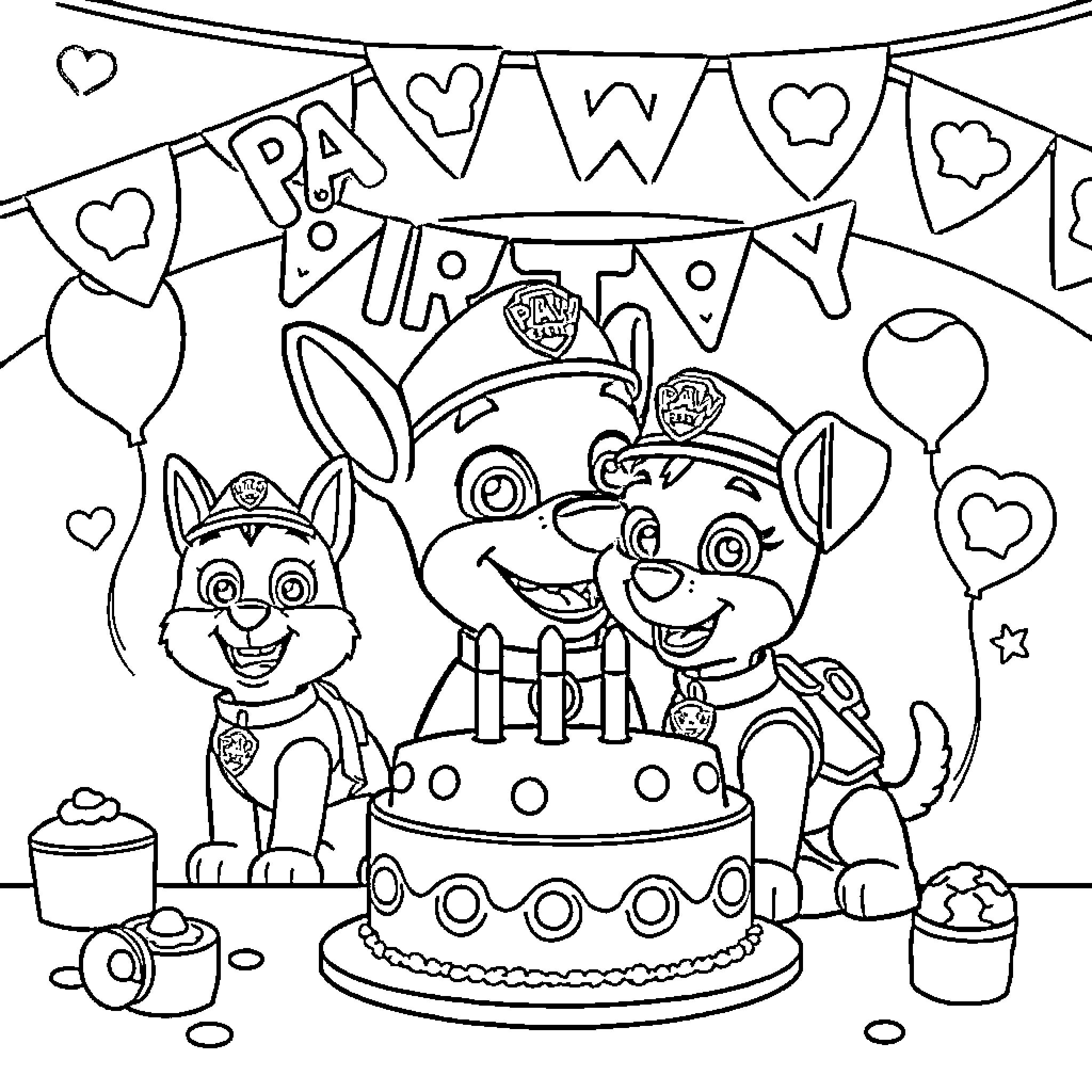 Paw Patrol Puppies Celebrate Birthday Party Coloring Page (free black-and-white line drawing printable PDF for all, from beginners to advanced learners, including children, teens, adults, and seniors)